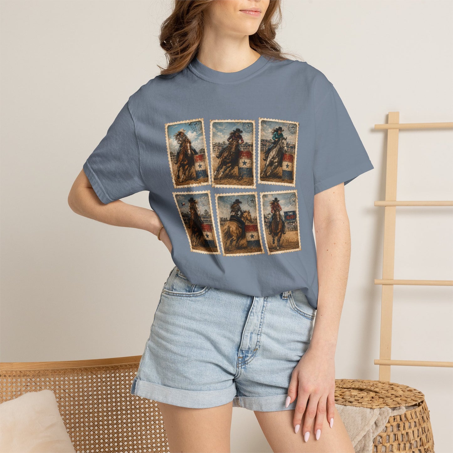 "NEW" Vintage Cowgirl Barrel Racer Collage T-Shirt | Western Rodeo Stamp Art