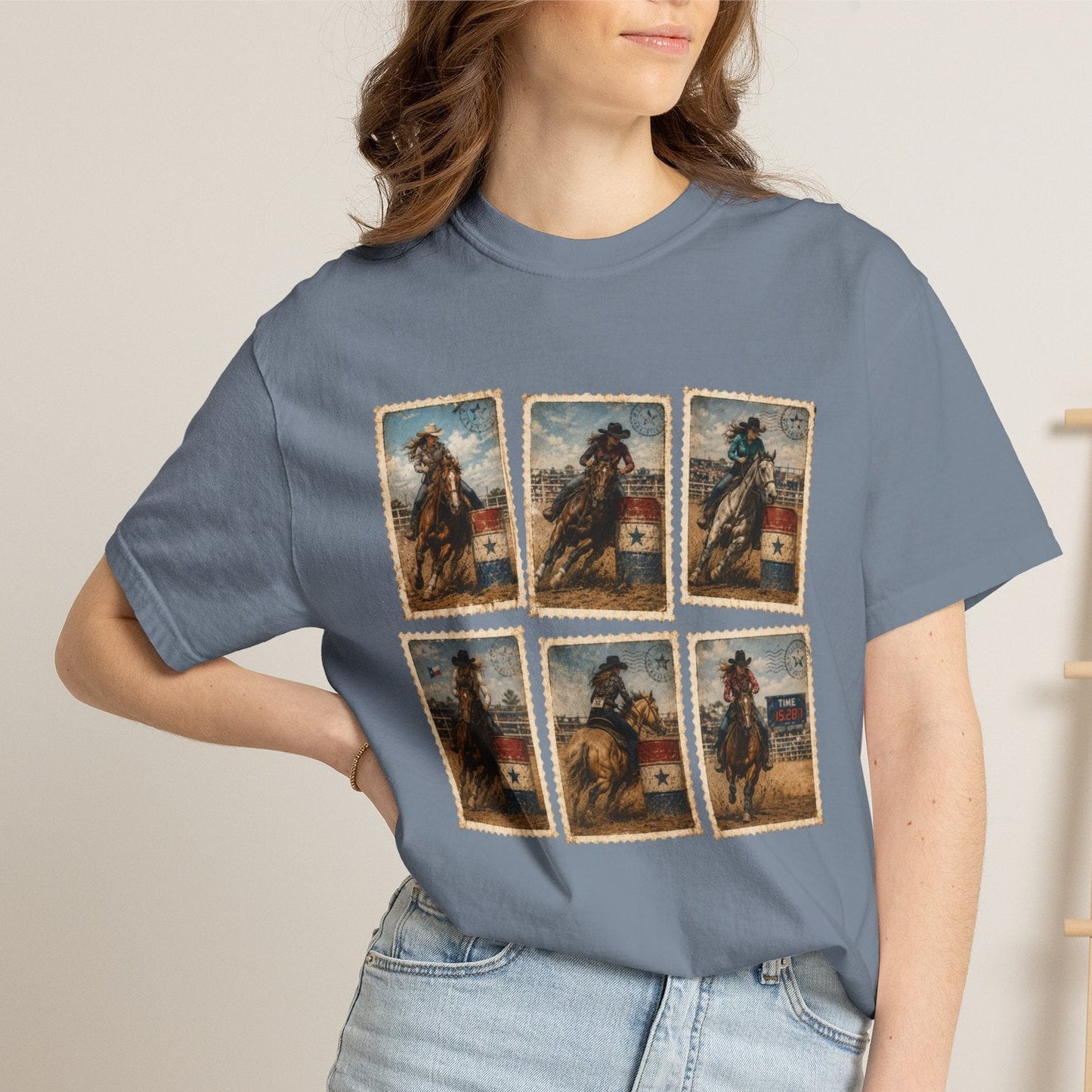 "NEW" Vintage Cowgirl Barrel Racer Collage T-Shirt | Western Rodeo Stamp Art