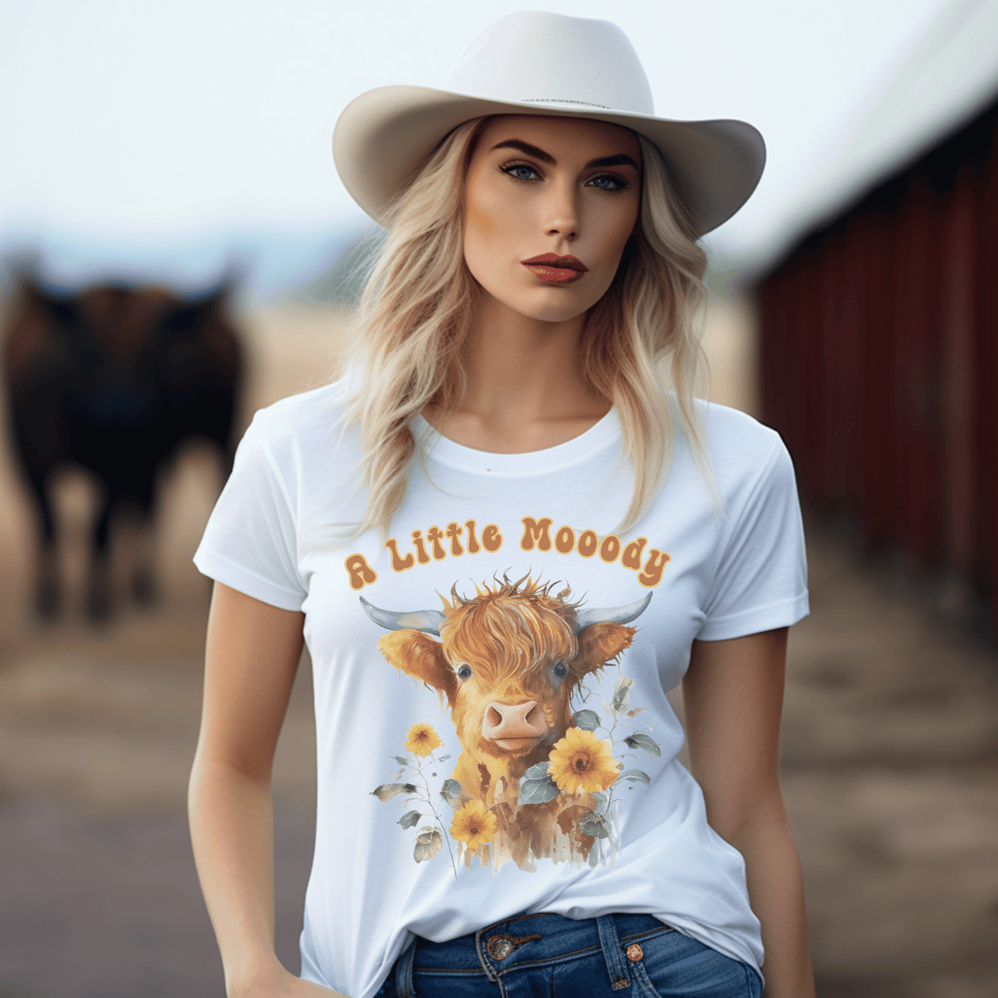 a little moody saying, perfectly complemented by an adorable Highland cow calf and a radiant arrangement of sunflowers on a t-shirt