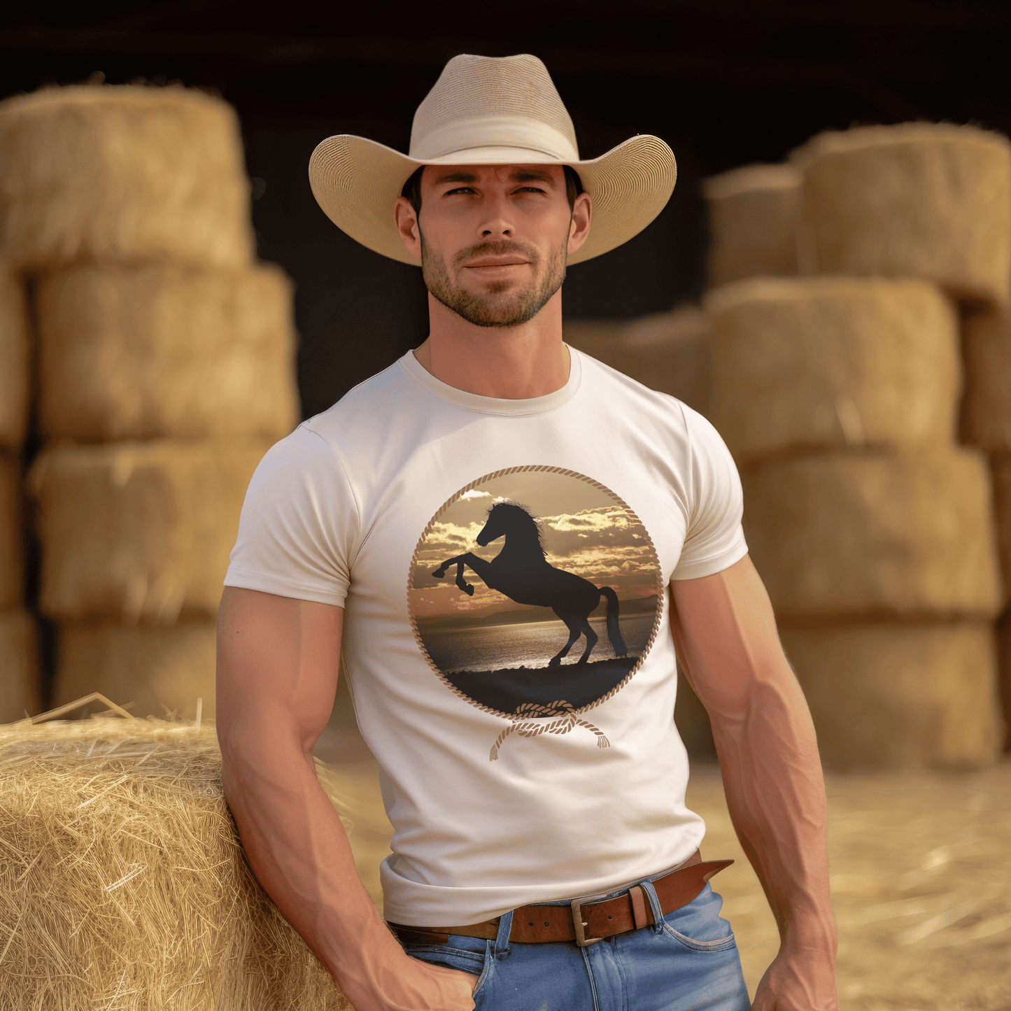 Experience the beauty of the wild west with this Rearing Horse at the Beach tee. Featuring a majestic rearing horse against a stunning backdrop of sun, sand, and surf at sunset, this unique design brings a bold western vibe to any look. Be the envy of the town!