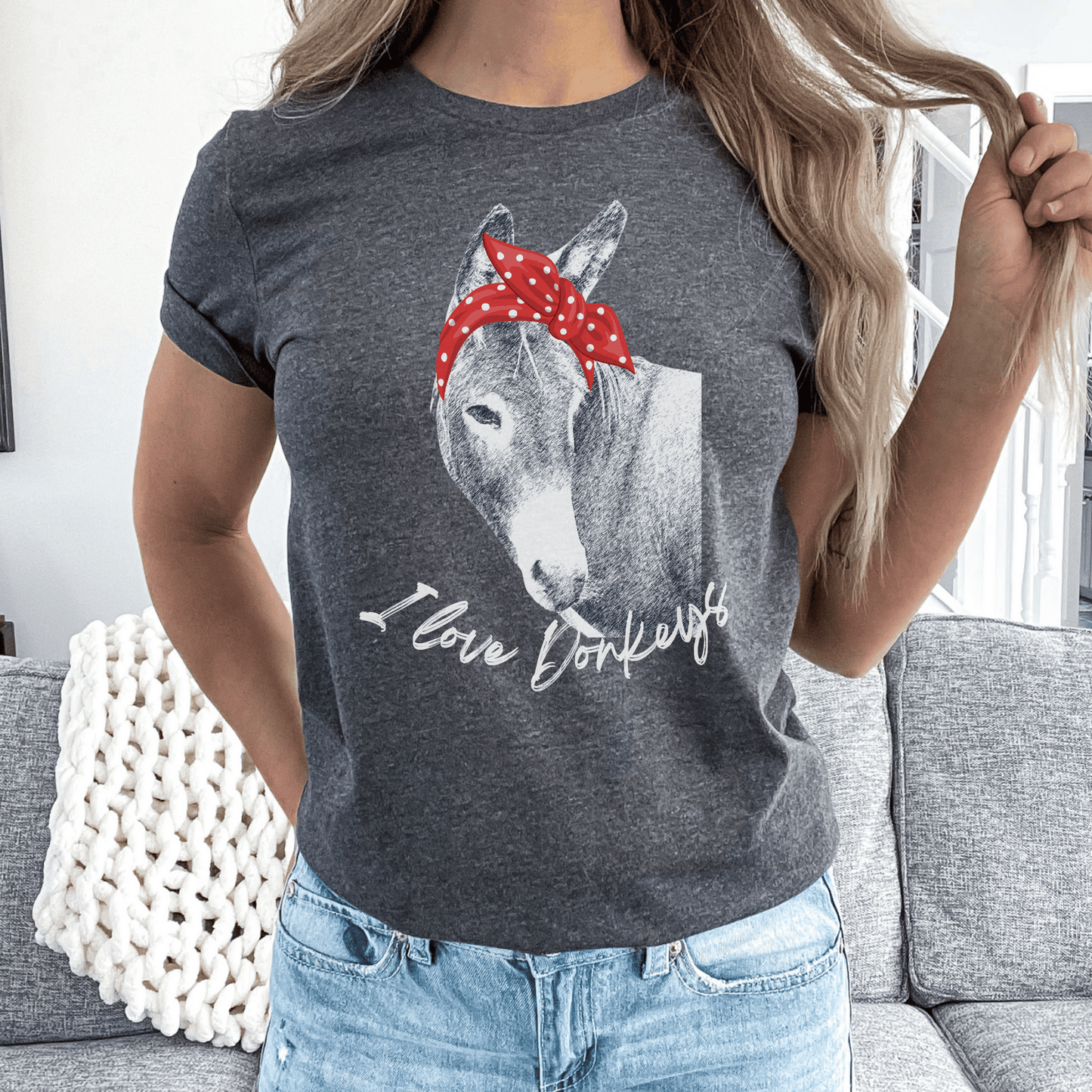 I Love Donkeys Shirt, the perfect gift for any donkey lover! Embrace your passion for these gentle creatures with our charming women's country life t-shirt. Crafted with soft and breathable fabric, this graphic tee guarantees comfort and style that will make you stand out.