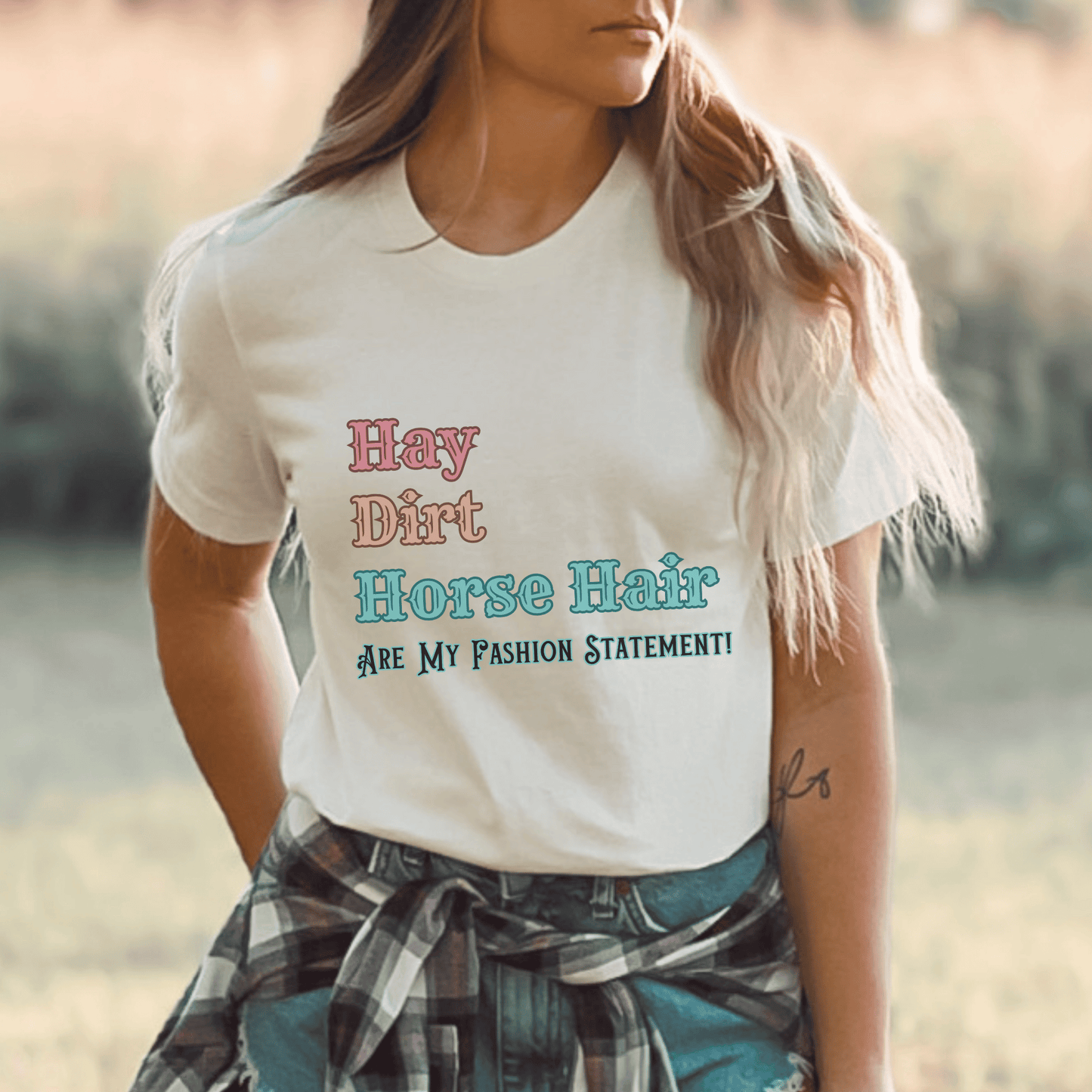 Vintage western cowgirl t-shirt with the Hay, Dirt< Horse Hair are my fashion statement on a crewneck on t-shirt.