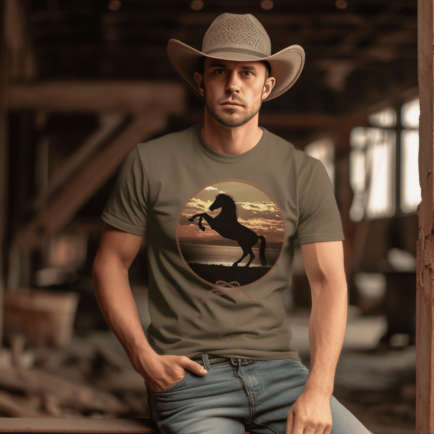 Experience the beauty of the wild west with this Rearing Horse at the Beach tee. Featuring a majestic rearing horse against a stunning backdrop of sun, sand, and surf at sunset, this unique design brings a bold western vibe to any look. Be the envy of the town!