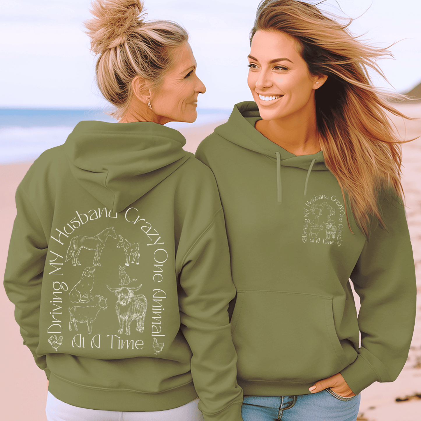 Hoodie with the saying Driving My Husband Crazy one Animal at a time on the back with a silhouette of a horse, donkey, dog , cat, goat, cow and chickens, same design on the front but smaller.