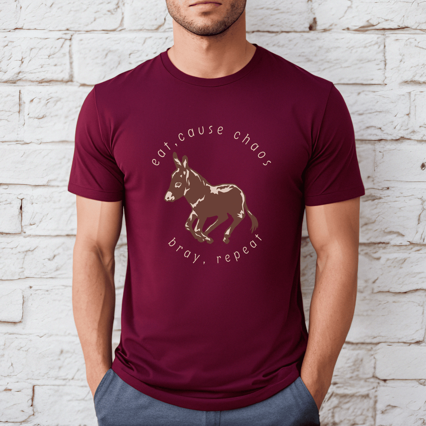 donkey t-shirt featuring a cute donkey design and the fun saying eat, cause chaos, bray, repeat. This whimsical and charming tee is perfect for donkey lovers