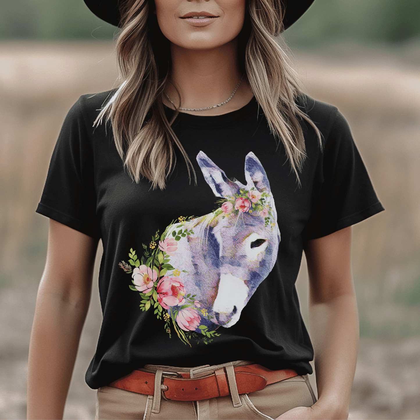 A pastel donkey and flowers design on a crew neck t-shirt.