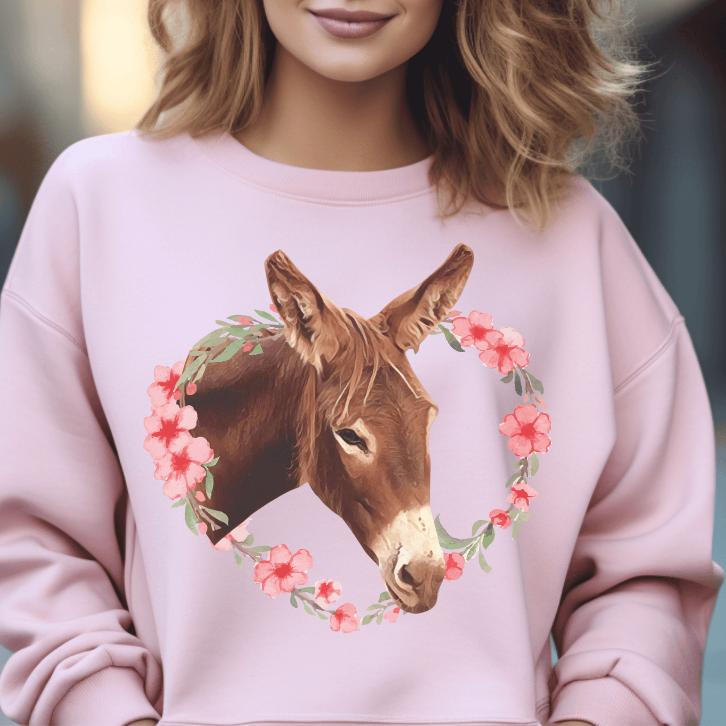 crew Neck sweatshirt with a cute donkey surrounded by a pink flower wreath.