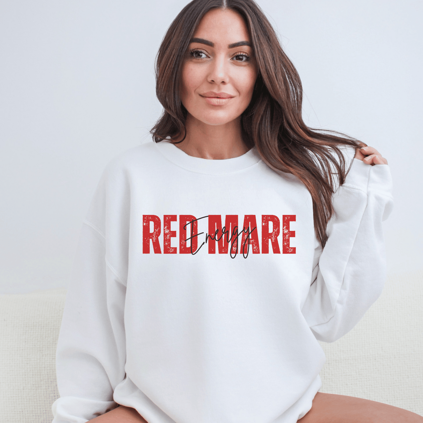 Vintage Font that says Red Mare Energy on a crewneck sweatshirt, Perfect gift for mare horse lover.