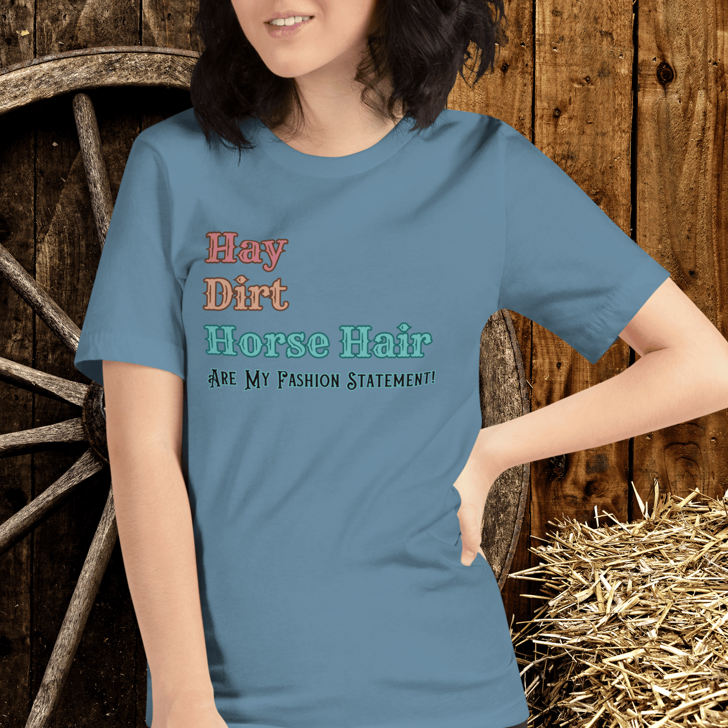 Vintage western cowgirl t-shirt with the Hay, Dirt< Horse Hair are my fashion statement on a crewneck on t-shirt.