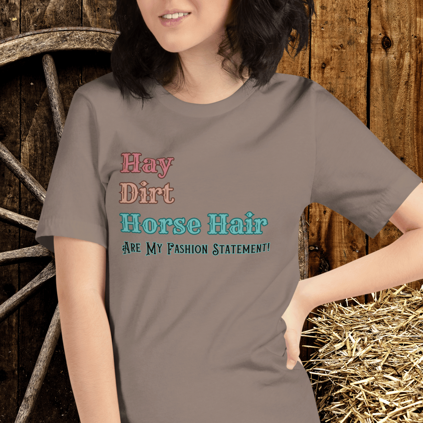 Vintage western cowgirl t-shirt with the Hay, Dirt< Horse Hair are my fashion statement on a crewneck on t-shirt.
