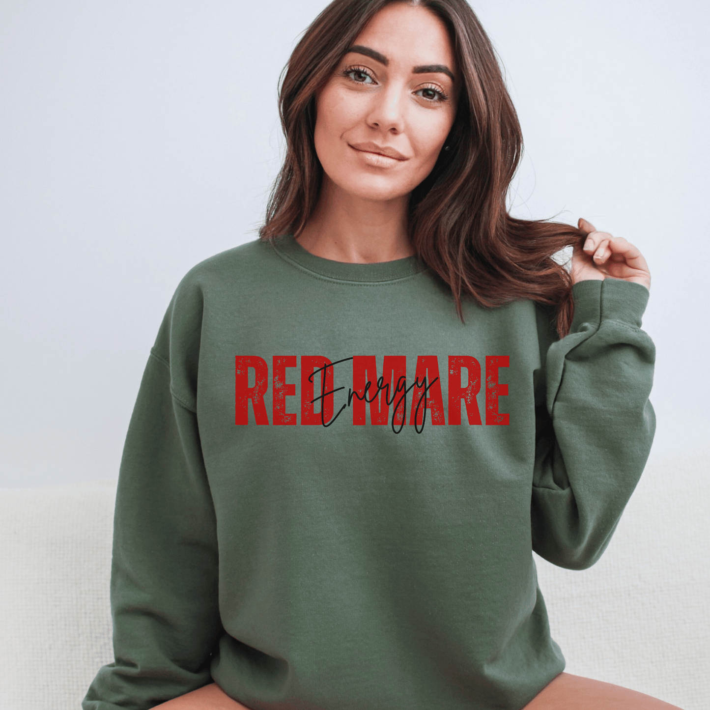 Vintage Font that says Red Mare Energy on a crewneck sweatshirt, Perfect gift for mare horse lover.