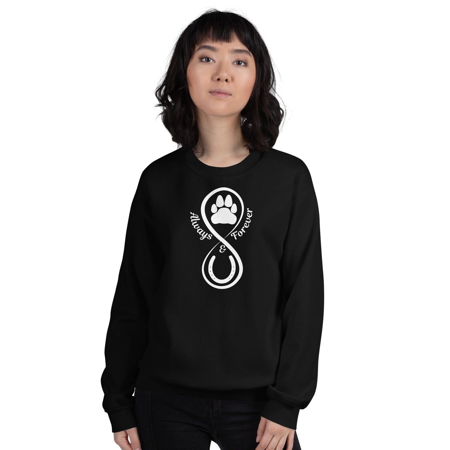 Our Always and Forever Pet Sweatshirt is a must-have for all pet parents! Featuring the words Always and Forever accompanied by an infinity symbol, horse shoe, and paw print, this shirt serves as a beautiful tribute to the treasured memories of your beloved pets.