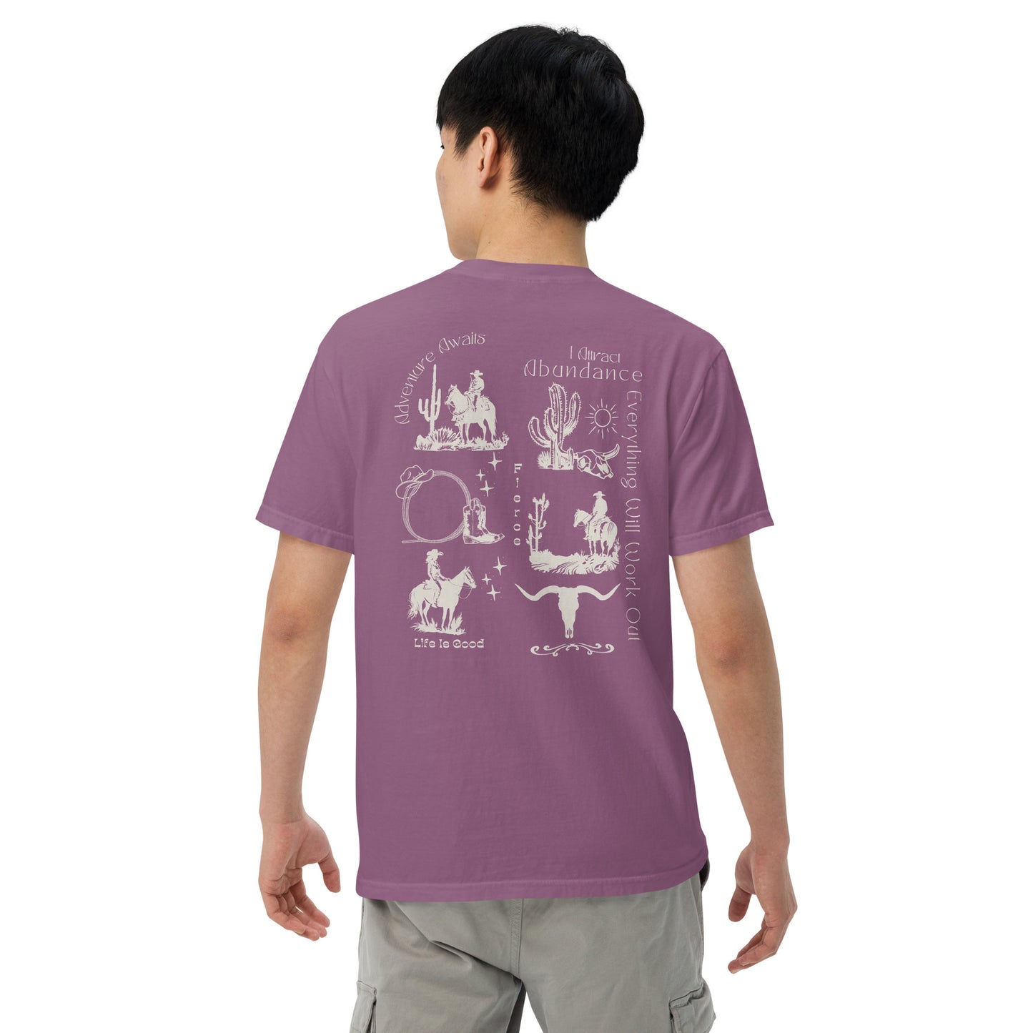 a trendy western design on the back of a comfort colors tee! If you're a true lover of all things western, this is the perfect addition to your wardrobe. Our skilled artisans have carefully crafted a unique design that beautifully captures the essence of the Wild West.