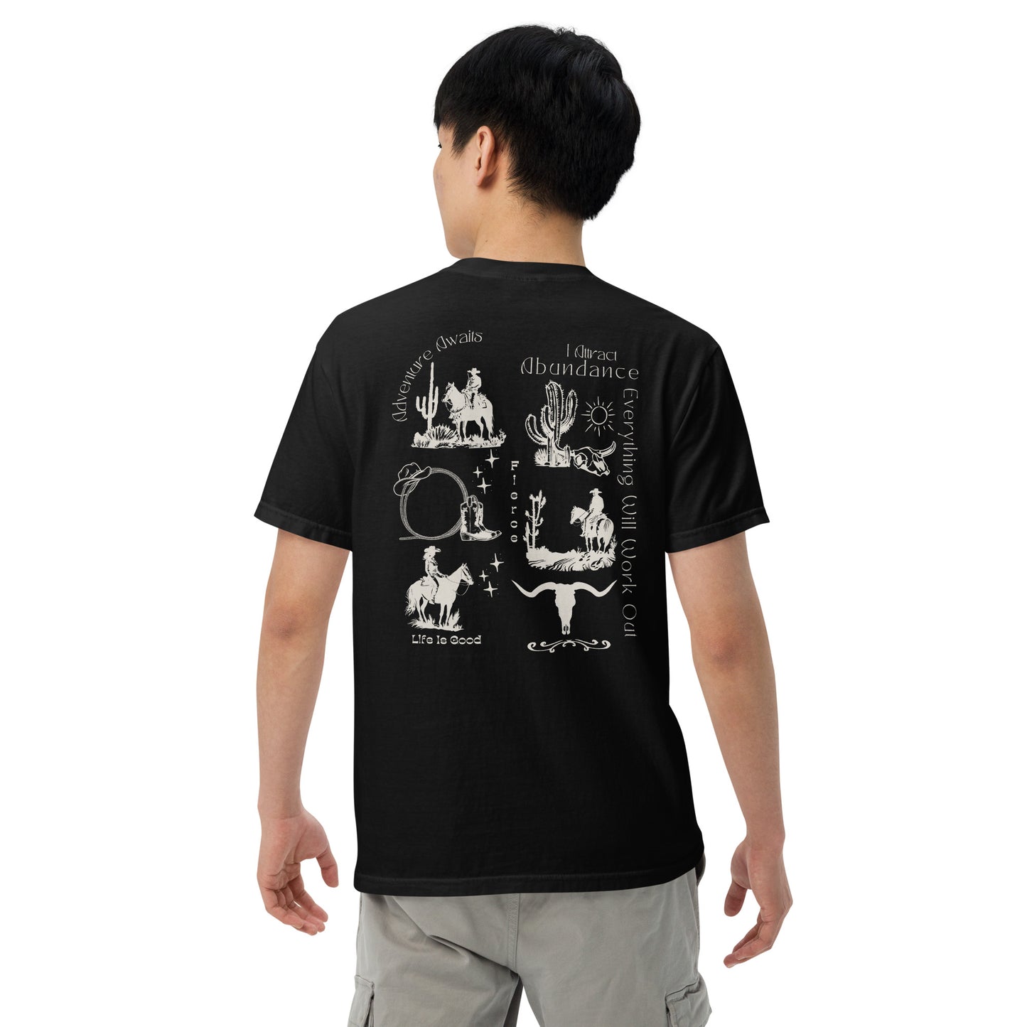 a trendy western design on the back of a comfort colors tee! If you're a true lover of all things western, this is the perfect addition to your wardrobe. Our skilled artisans have carefully crafted a unique design that beautifully captures the essence of the Wild West.