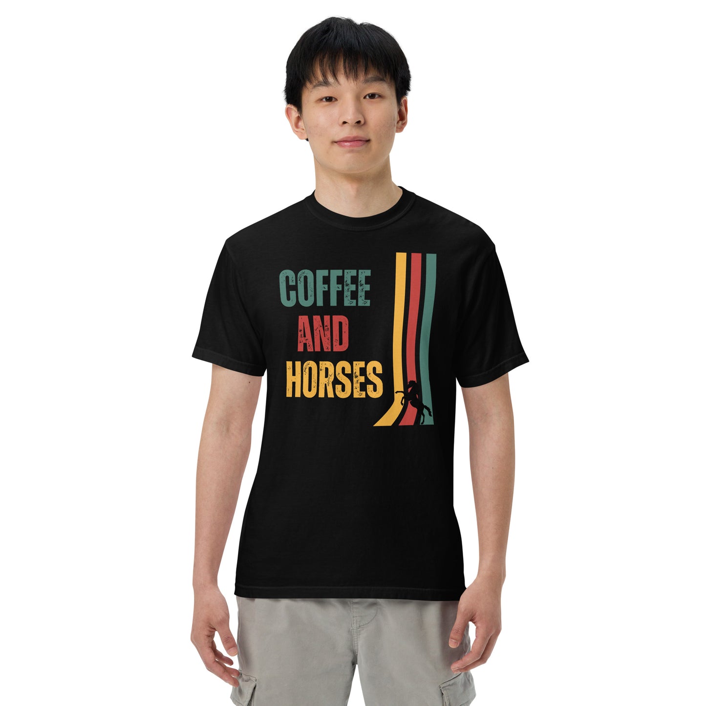 Graphic tee with the saying Coffee and Horses in a vintage font printed on a comfort colors tee.