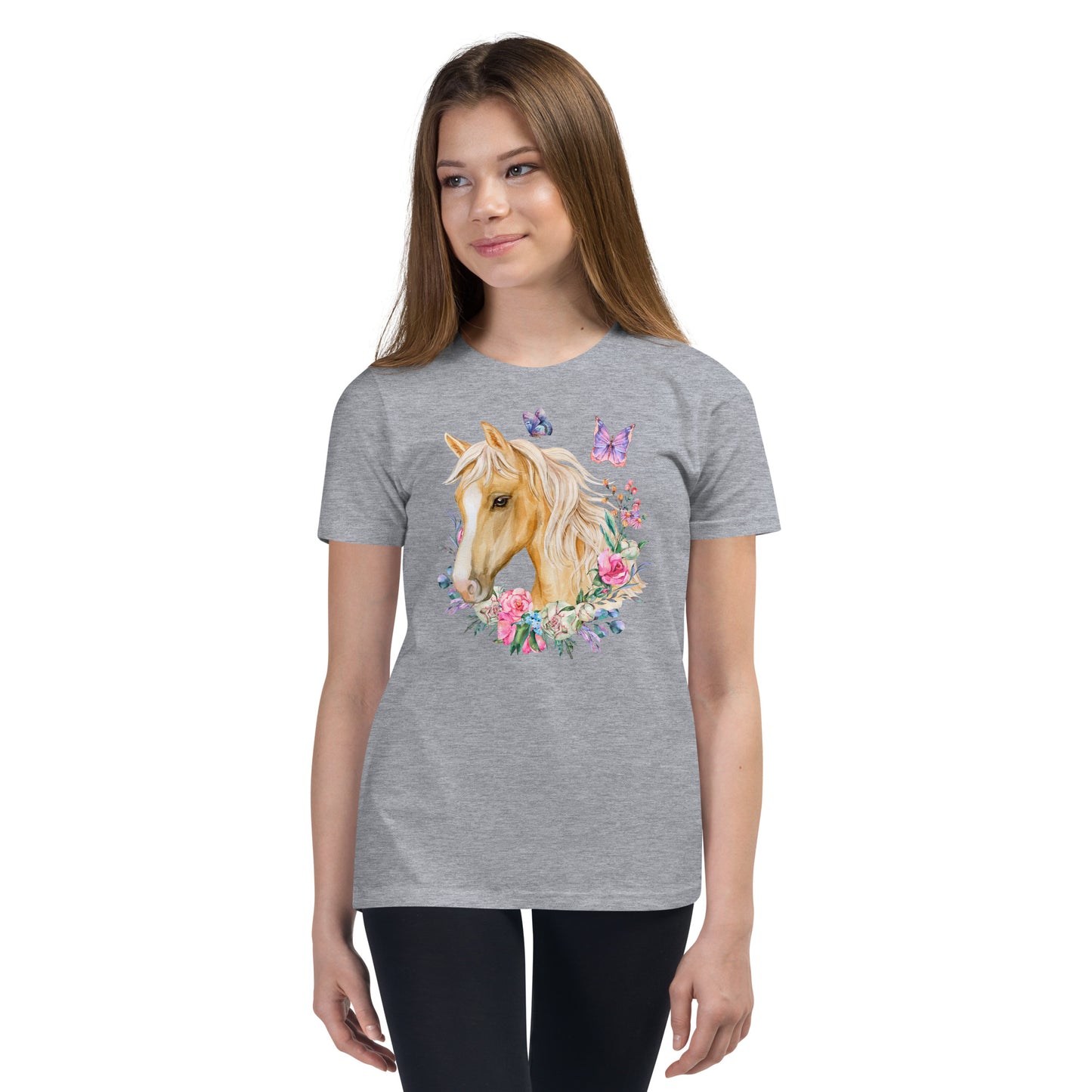 charming Youth T-Shirt adorned with a breathtaking Palomino horse, delicate floral motifs, and enchanting butterfly design. This fashion-forward tee will make your little one feel as graceful as a butterfly and as elegant as a Palomino horse.