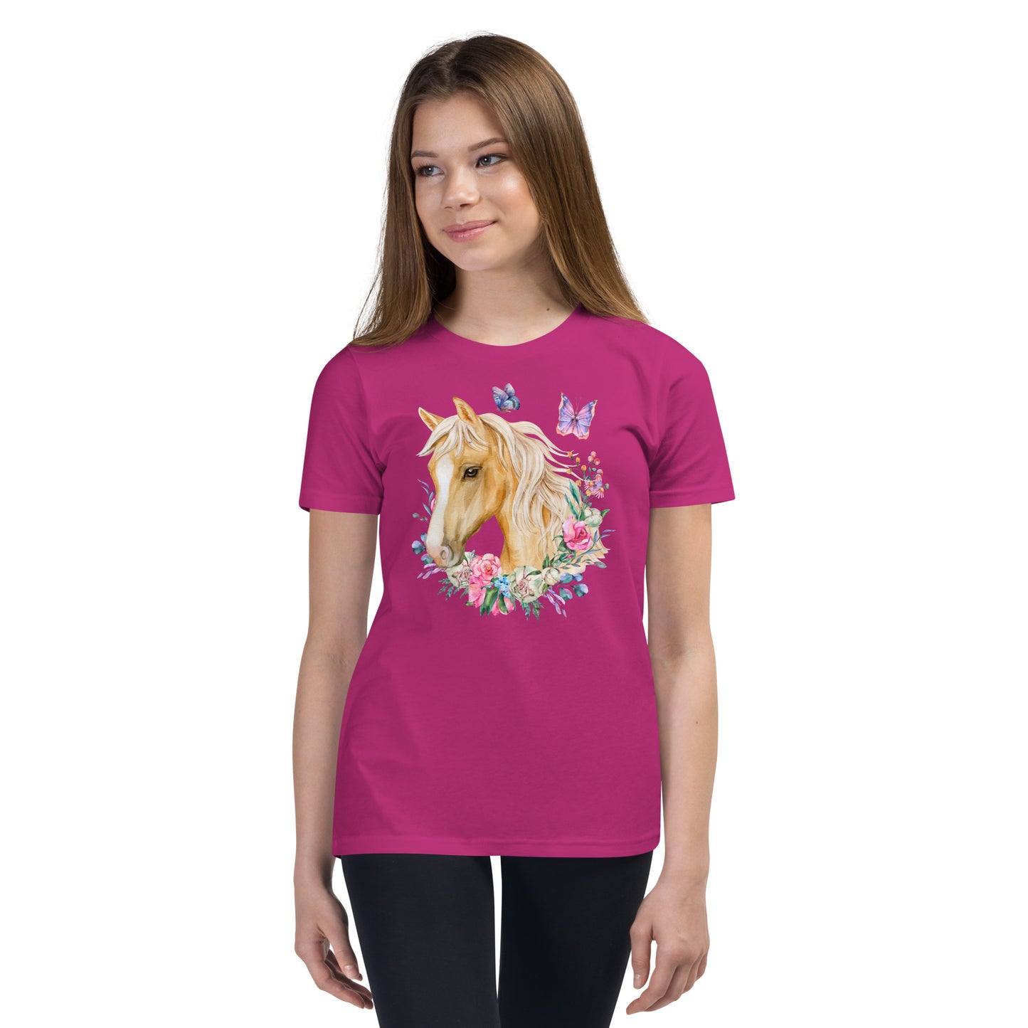 charming Youth T-Shirt adorned with a breathtaking Palomino horse, delicate floral motifs, and enchanting butterfly design. This fashion-forward tee will make your little one feel as graceful as a butterfly and as elegant as a Palomino horse.
