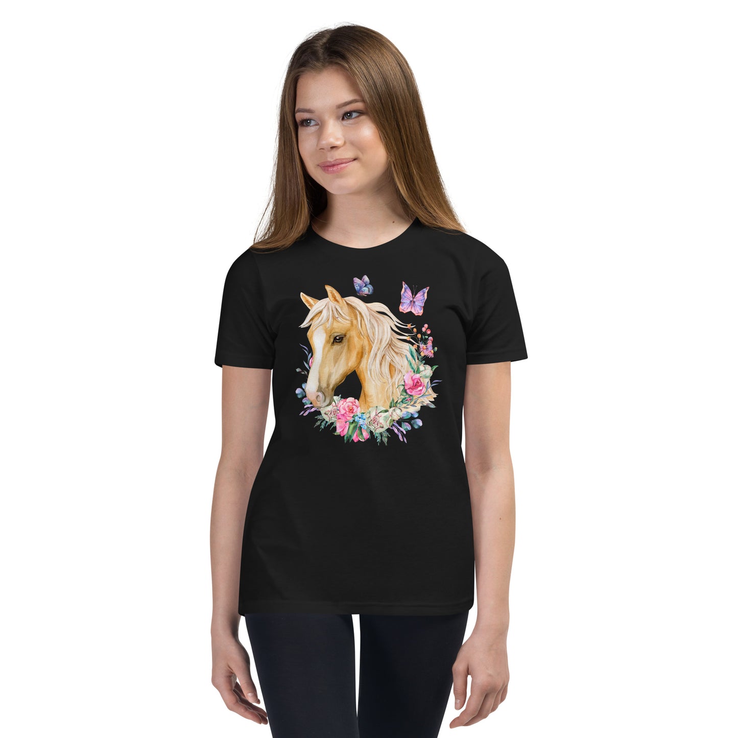 charming Youth T-Shirt adorned with a breathtaking Palomino horse, delicate floral motifs, and enchanting butterfly design. This fashion-forward tee will make your little one feel as graceful as a butterfly and as elegant as a Palomino horse.