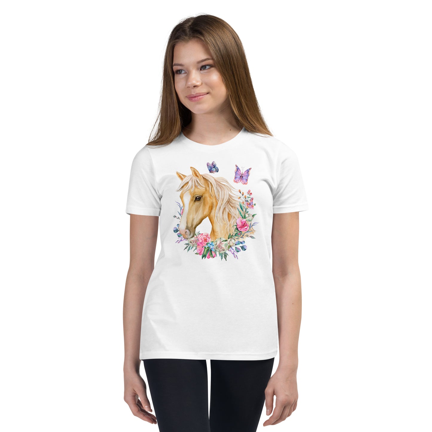 charming Youth T-Shirt adorned with a breathtaking Palomino horse, delicate floral motifs, and enchanting butterfly design. This fashion-forward tee will make your little one feel as graceful as a butterfly and as elegant as a Palomino horse.