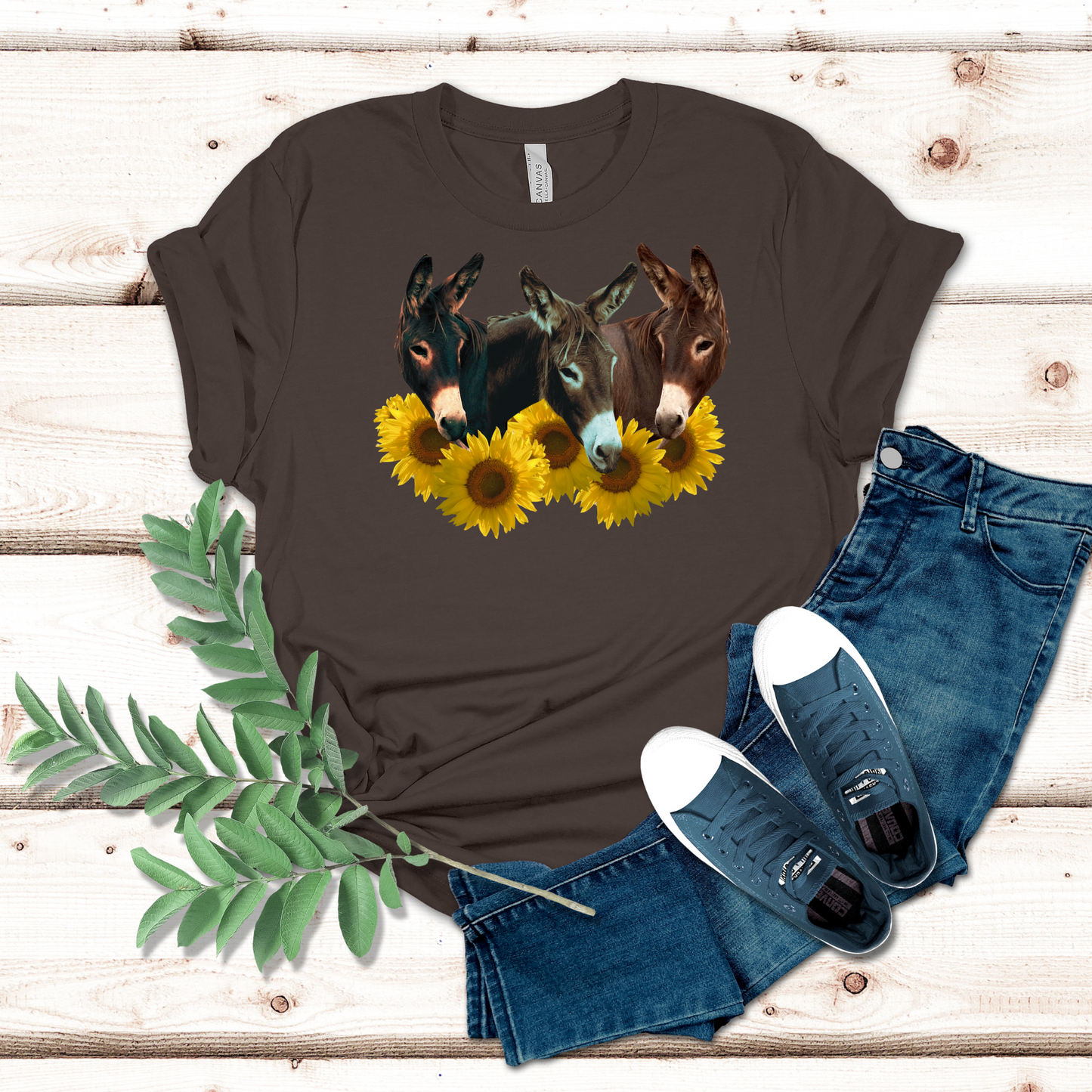Three Donkey Heads surrounded by sunflowers on a crew neck t-shirt