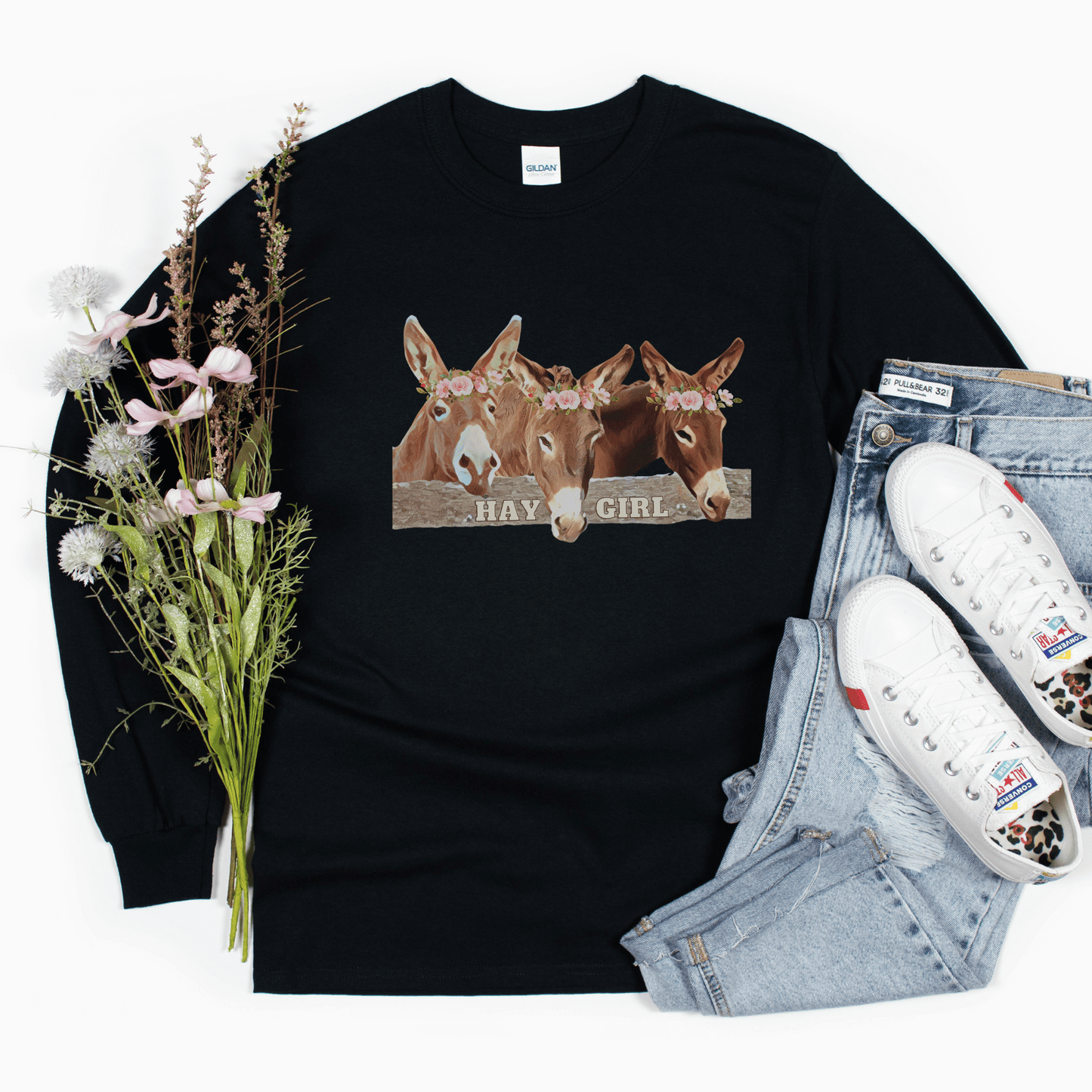 Black Long sleeve Hay Girl and 3 Donkeys tee
