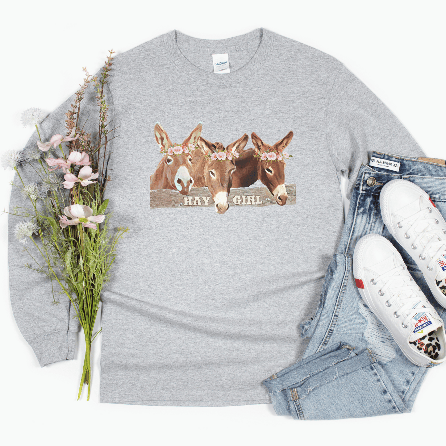 Sport grey long sleeve Hay Girl and 3 Donkeys tee