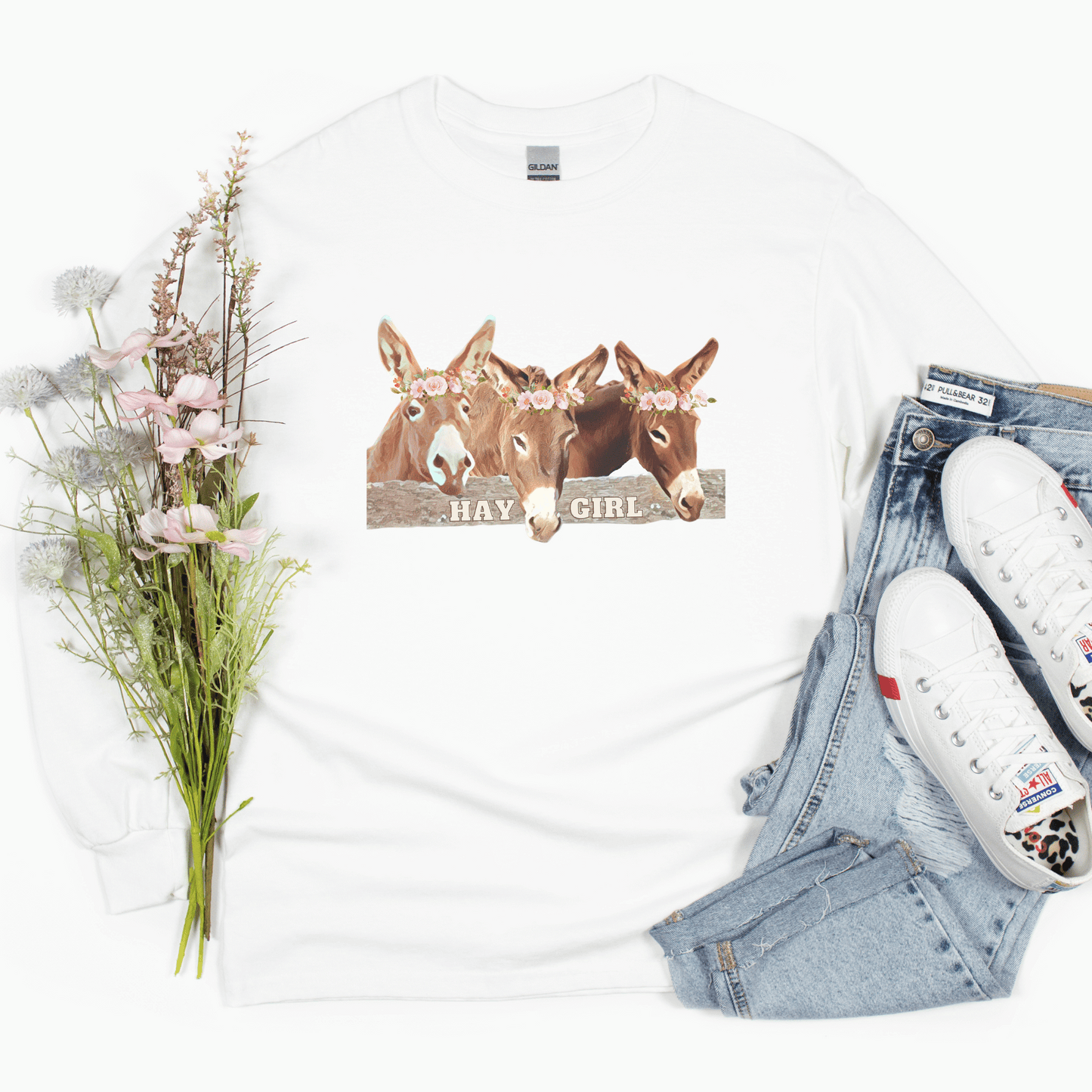 White Long sleeve Hay Girl and 3 Donkeys tee