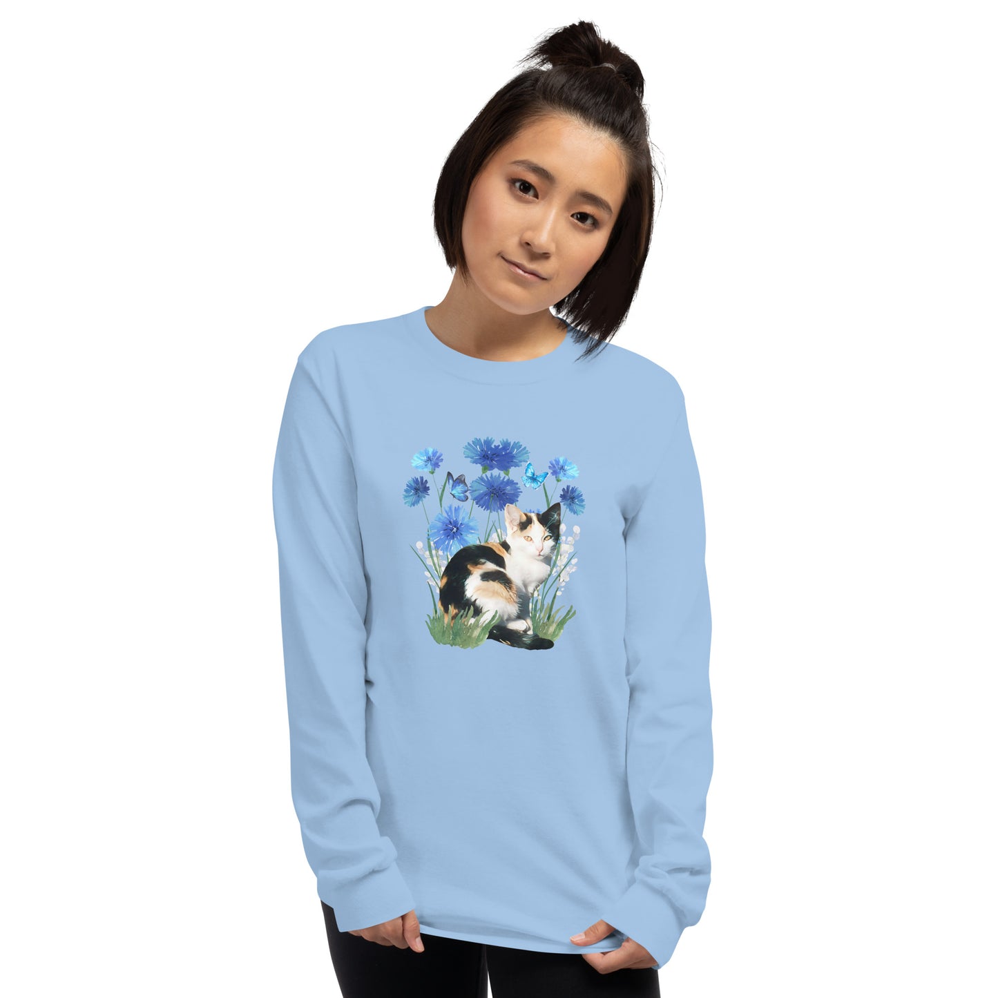 Featuring a delightful blue flower design and an adorable calico cat, this t-shirt is both stylish and comfortable. Made with high-quality materials,