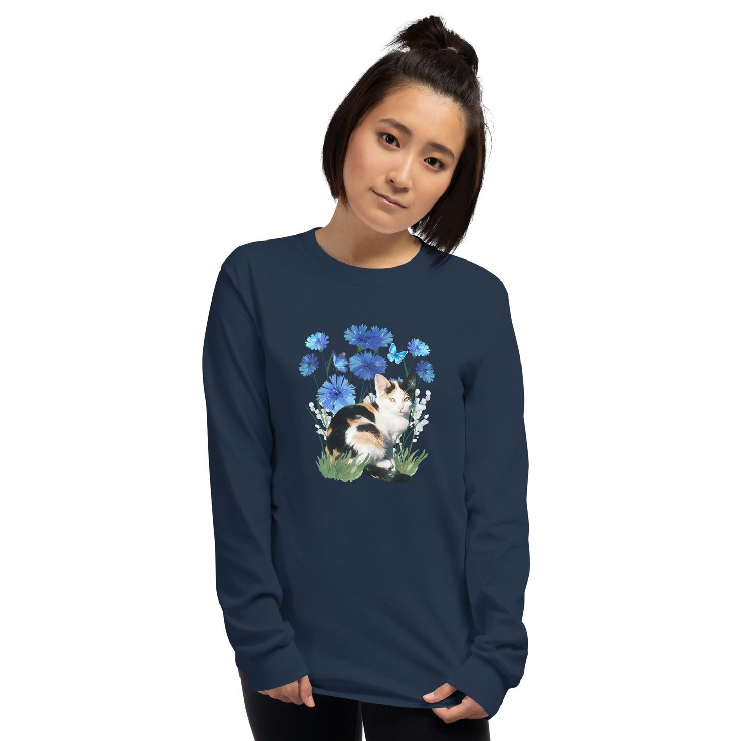 Featuring a delightful blue flower design and an adorable calico cat, this t-shirt is both stylish and comfortable. Made with high-quality materials,