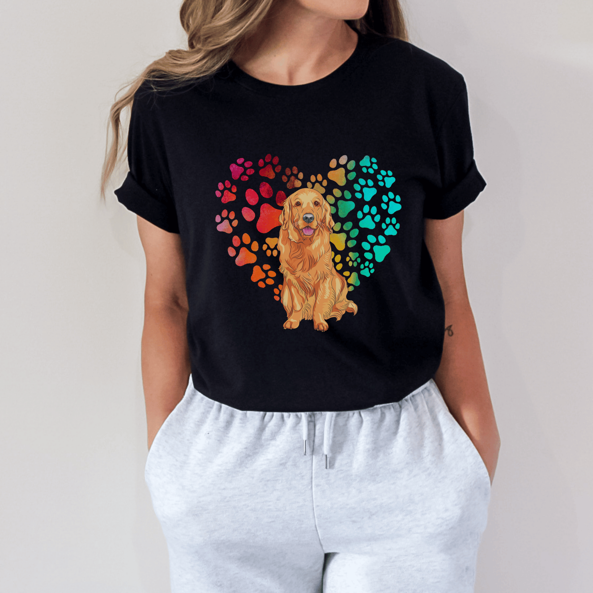 Show off your love for your Golden Retriever pup with this unique heart print t-shirt. An ideal pet parent top, this Golden Retriever t-shirt is the perfect gift for any dog mom or dog owner. Show your pooch that you care with this one-of-a-kind 