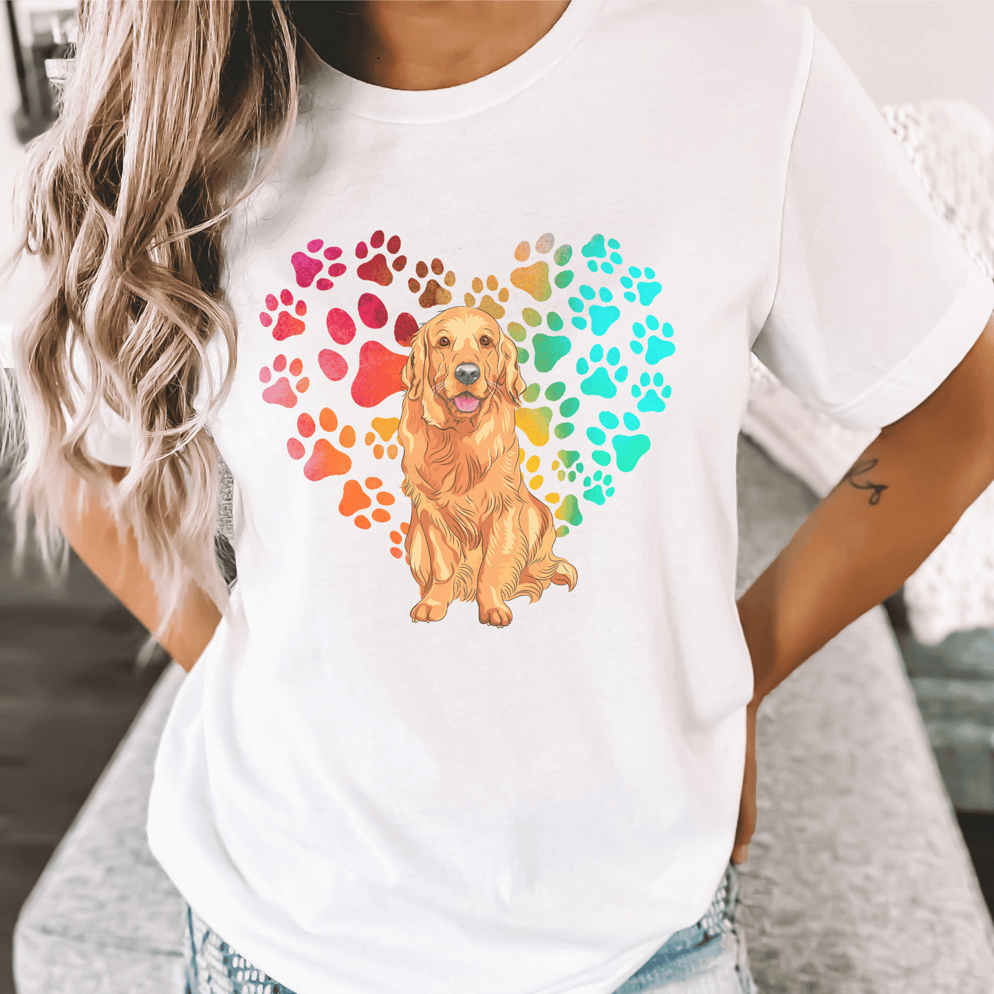 Show off your love for your Golden Retriever pup with this unique heart print t-shirt. An ideal pet parent top, this Golden Retriever t-shirt is the perfect gift for any dog mom or dog owner. Show your pooch that you care with this one-of-a-kind 