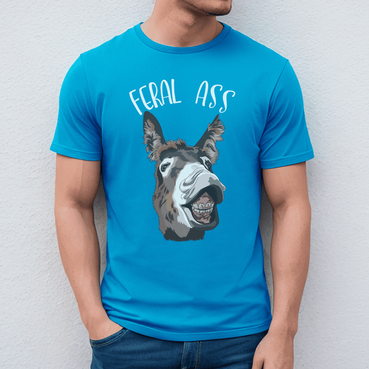 Smart Alec T-shirt featuring a playful donkey graphic and the humorous saying feral ass. This fun and lighthearted tee is perfect for anyone with a witty sense of humor and a love for unique designs