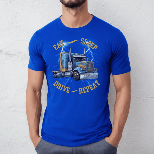  high-quality t-shirt featuring a bold semi-truck design that exudes an adventurous spirit. The eye-catching phrase eat, sleep, drive, repeat adds a touch of charm and character to this classic piece. 