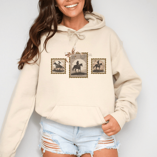 "New"Vintage Stamp Cowgirl Hoodie