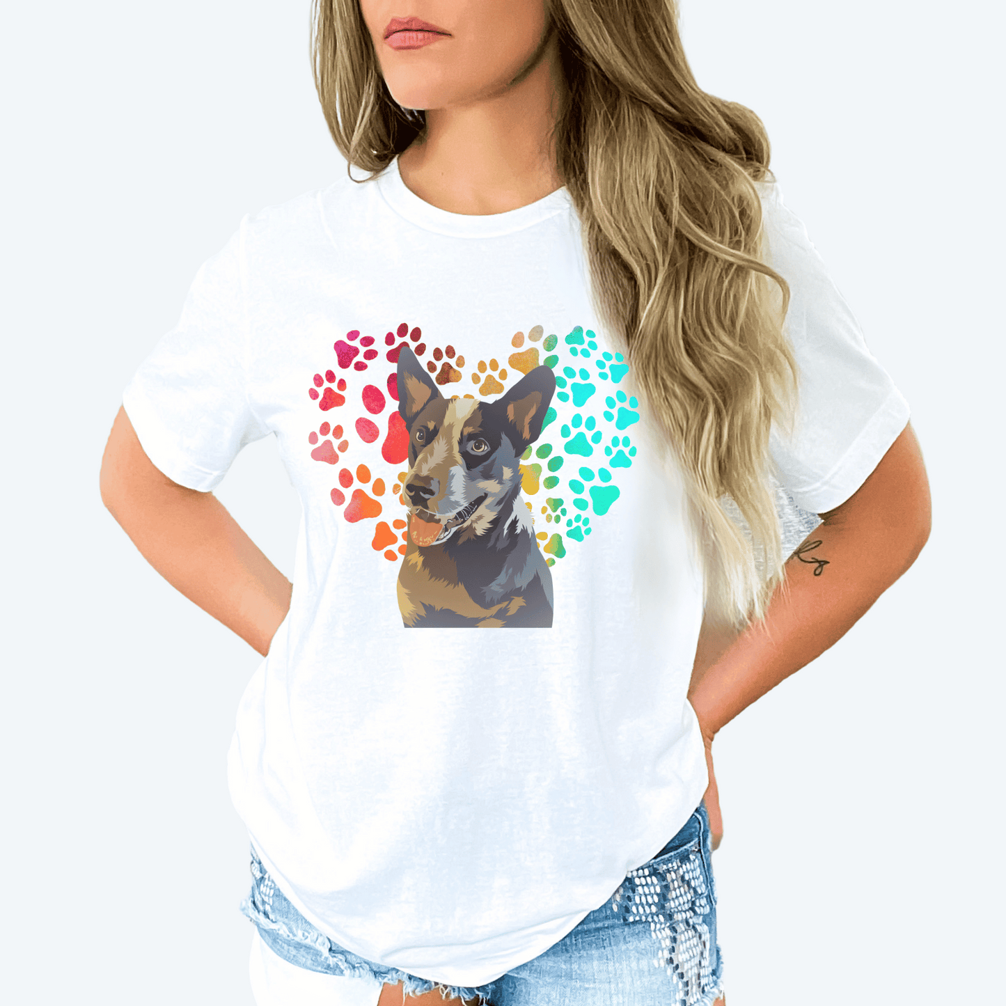 This Blue Heeler t-shirt features a paw print heart in the background, making it a unique and thoughtful gift for dog lovers, pet owners, and Blue Heeler. The shirt is perfect for anyone who wants to show off their love for their furry friend.