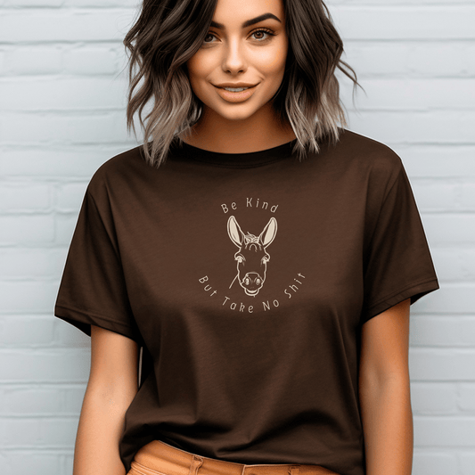 This high quality t-shirt is perfect for the donkey lover in your life! Featuring a unique design that reminds you to be kind, but to also take no shirt,