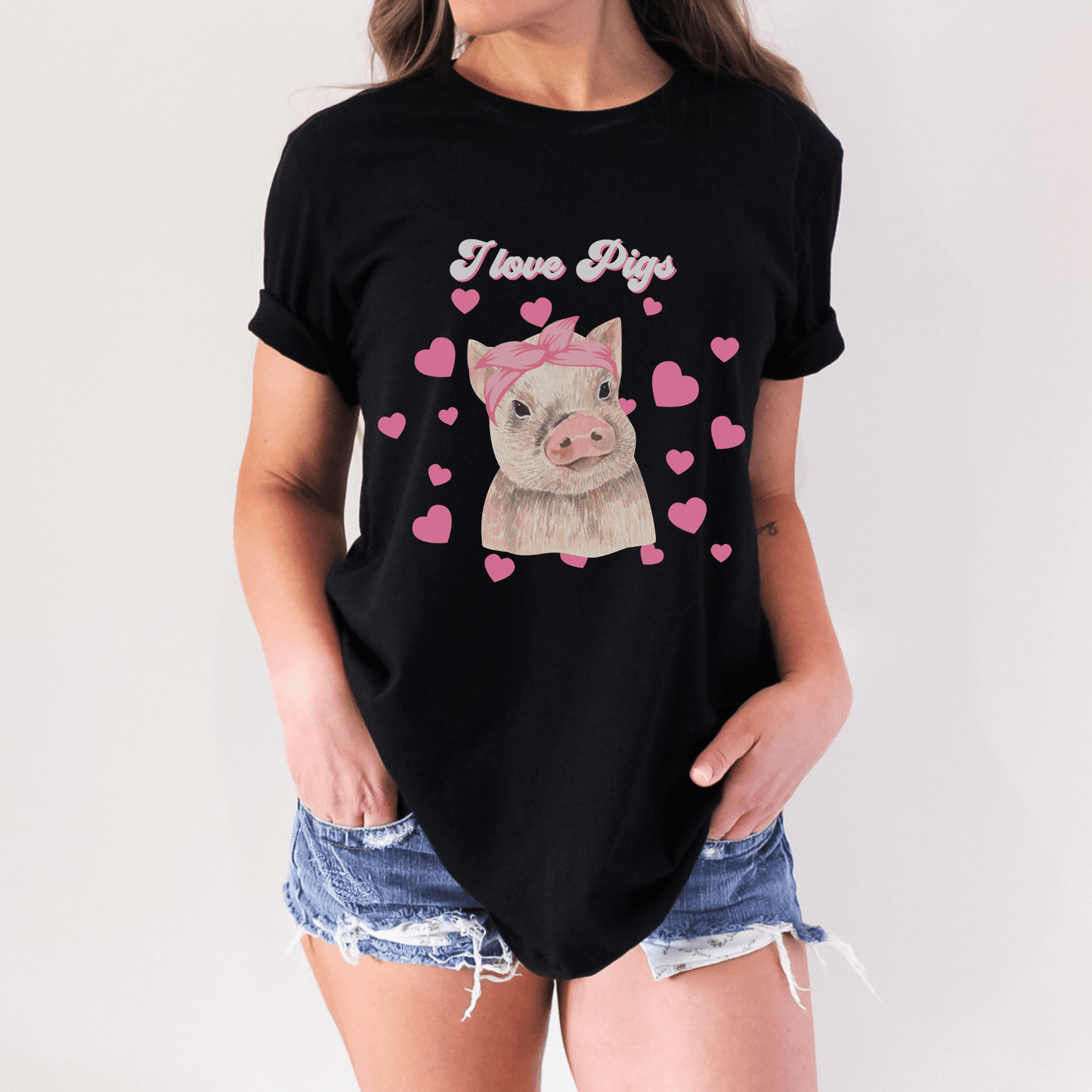 This product features an adorable design of a piglet surrounded by pink hearts, perfect for those who love pigs.