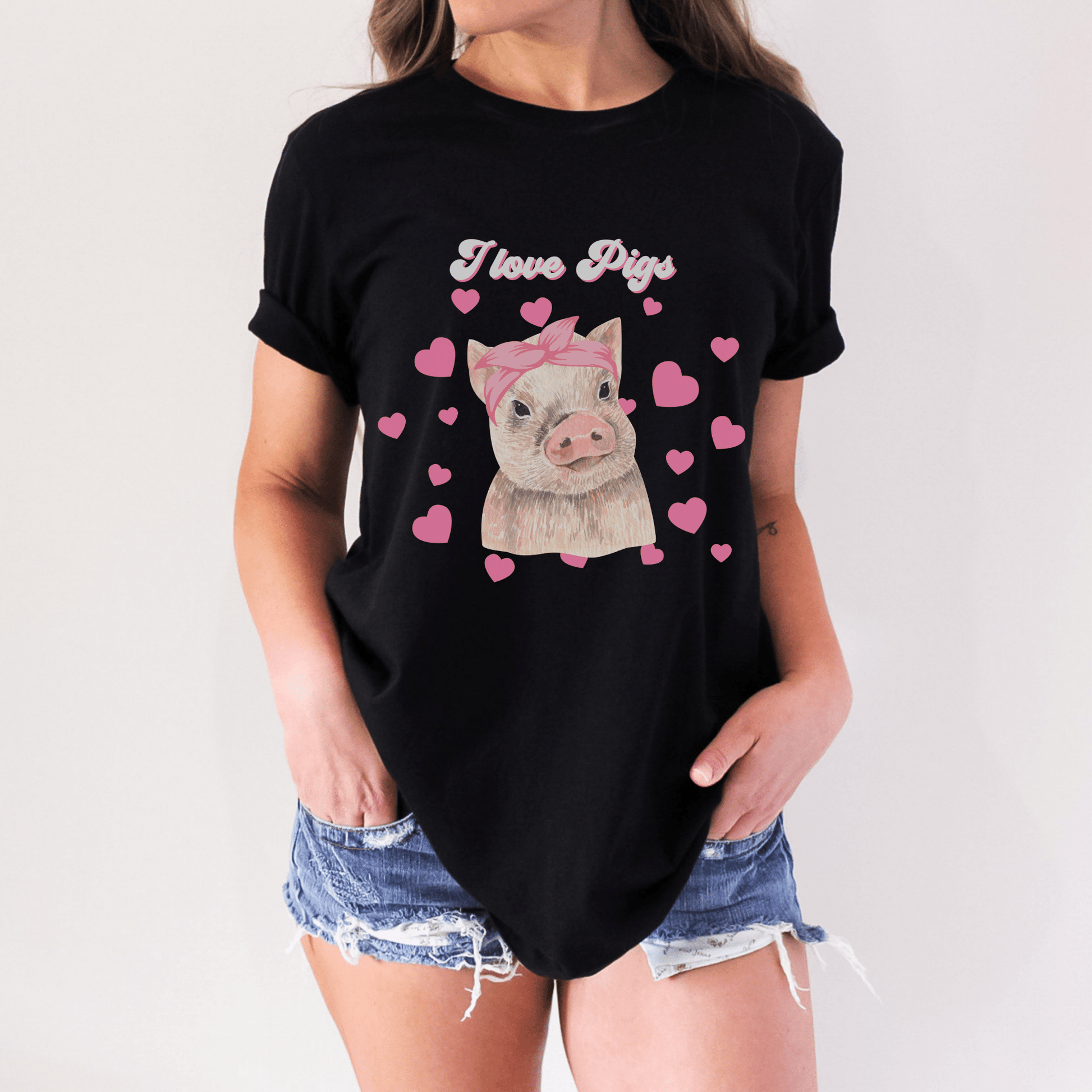 This product features an adorable design of a piglet surrounded by pink hearts, perfect for those who love pigs.