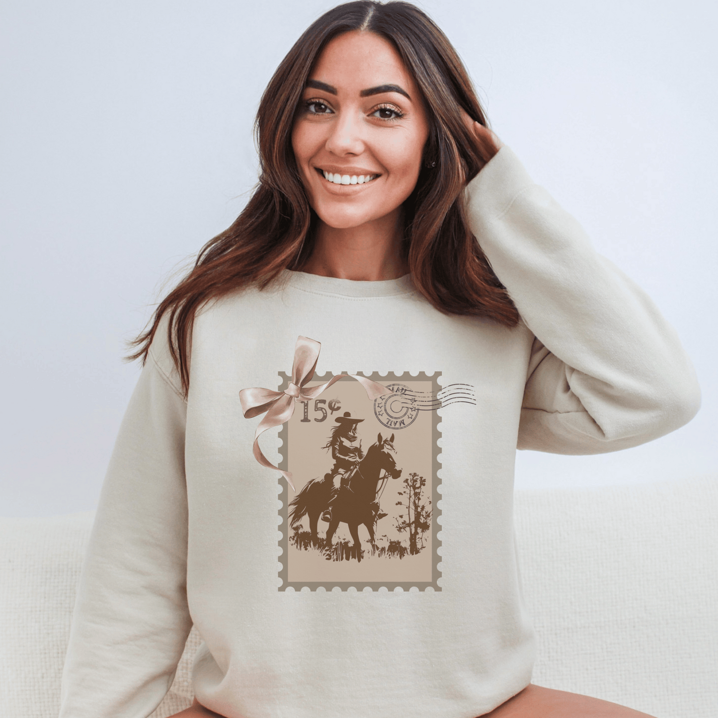 "New" Vintage Stamp Cowgirl Crew Neck Sweatshirt