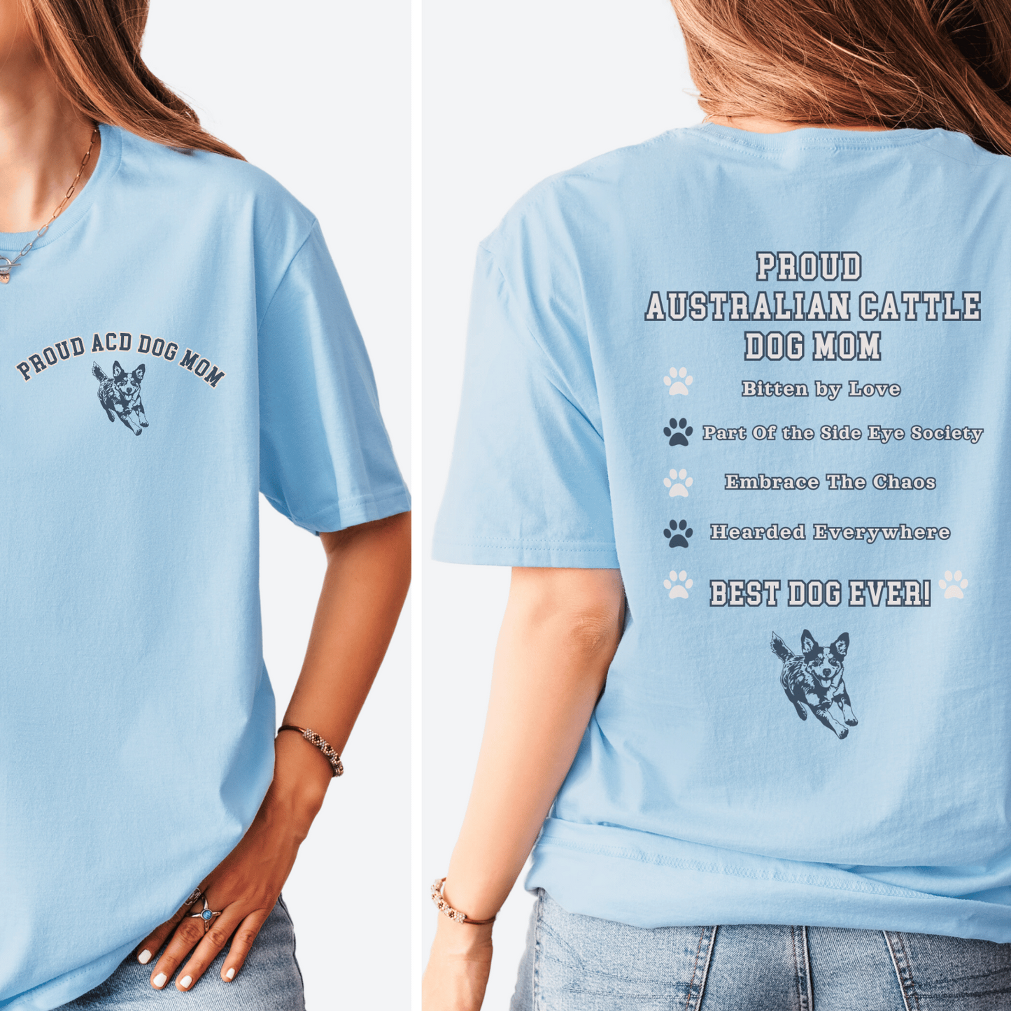 Light blue t-shirt with text and a logo worn by a person, shown from front and back.