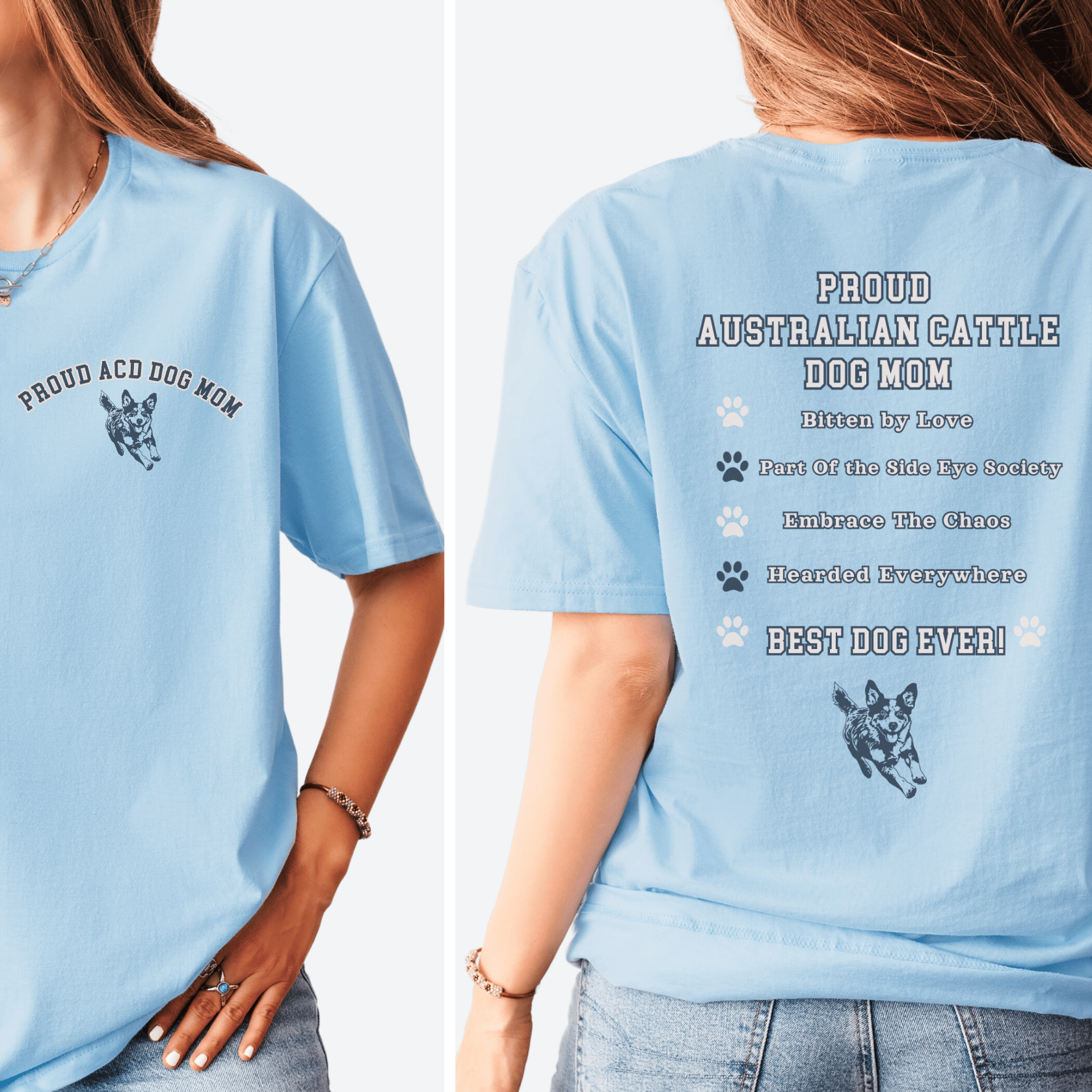 Light blue t-shirt with text and a logo worn by a person, shown from front and back.