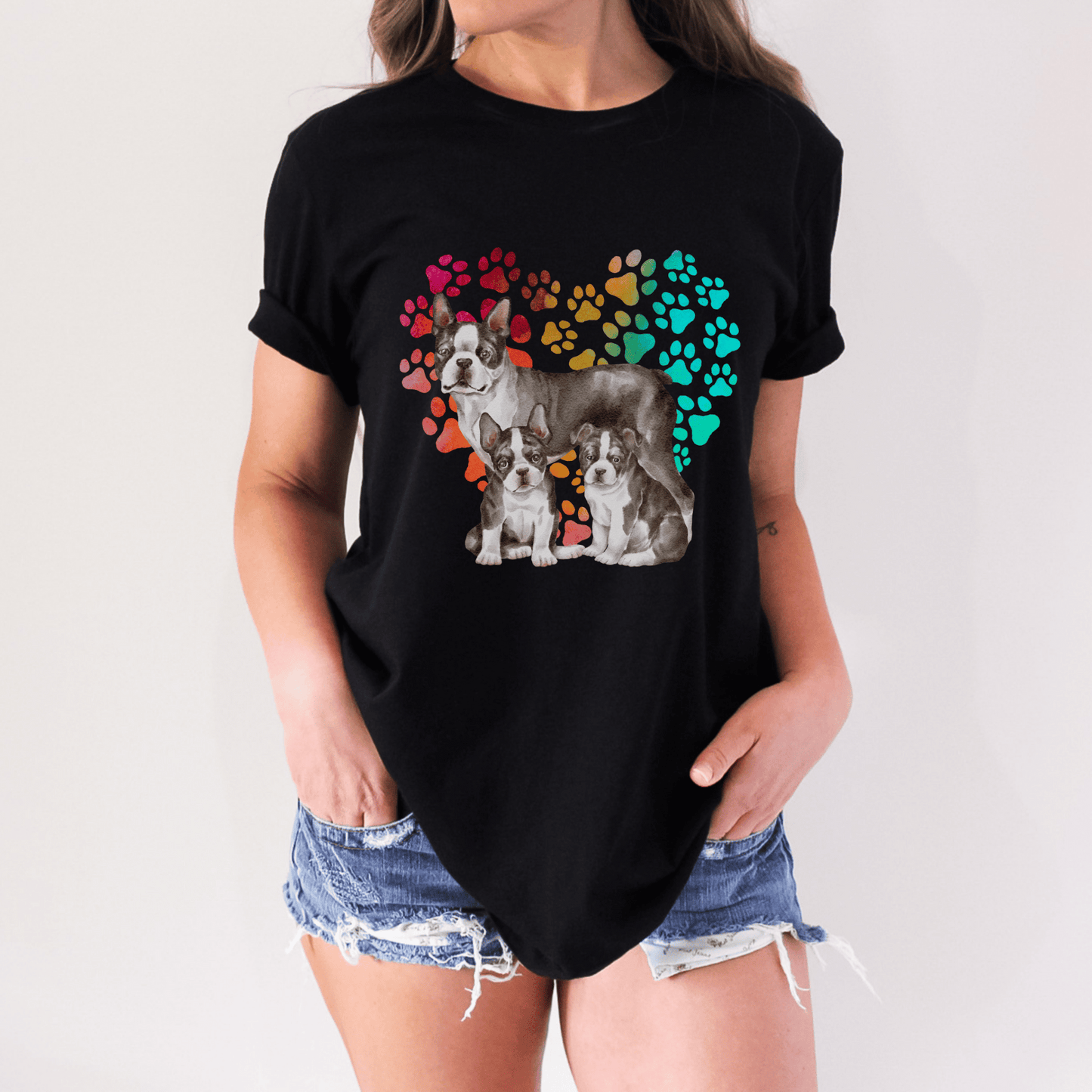 This Boston Terrier t-shirt features a paw print heart in the background, making it a unique and thoughtful gift for dog lovers, pet owners, and Boston Terrier moms. The shirt is perfect for anyone who wants to show off their love for their furry friend.