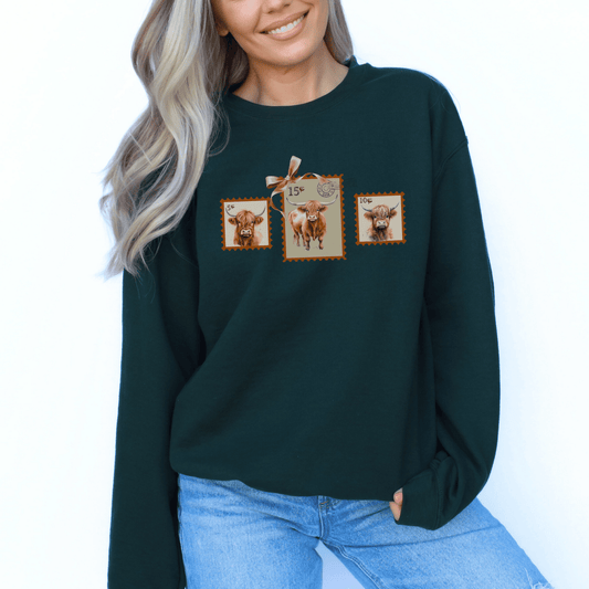 "New" Vintage Postage Stamp Highland Cow Sweatshirt