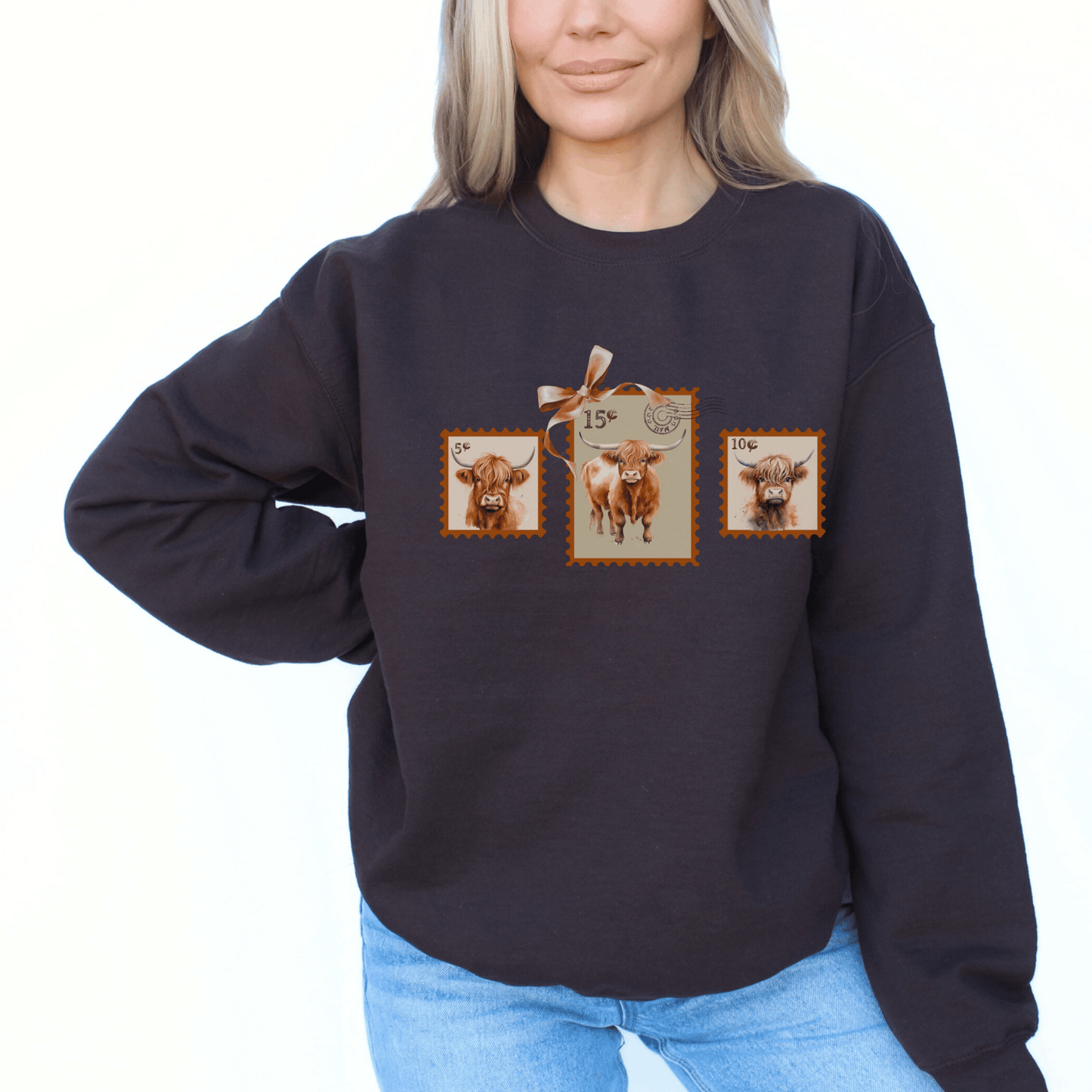 "New" Vintage Postage Stamp Highland Cow Sweatshirt