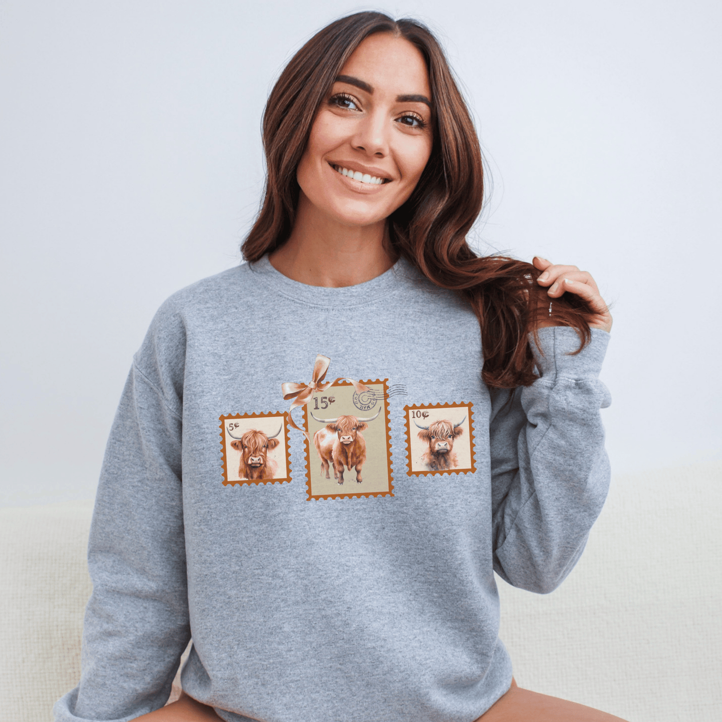 "New" Vintage Postage Stamp Highland Cow Sweatshirt