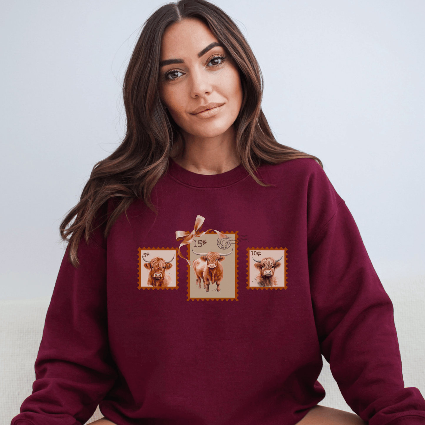 "New" Vintage Postage Stamp Highland Cow Sweatshirt