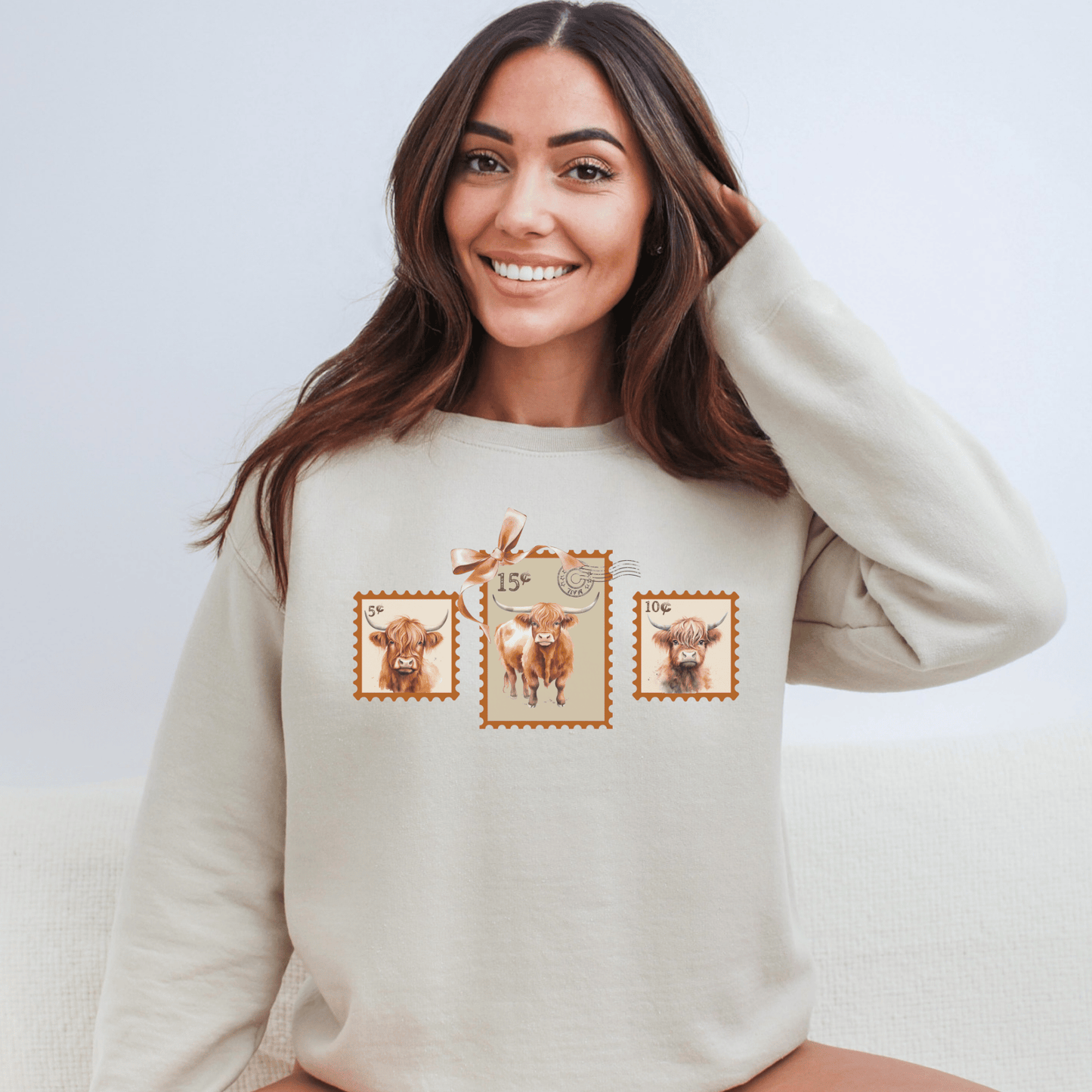 "New" Vintage Postage Stamp Highland Cow Sweatshirt