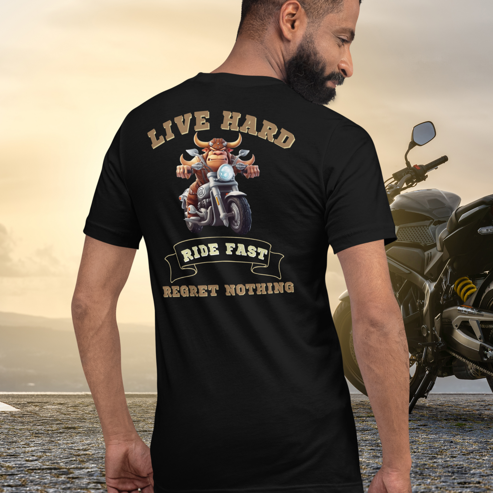 A Bull riding a motorcycle tee – backfortycowgirl.com