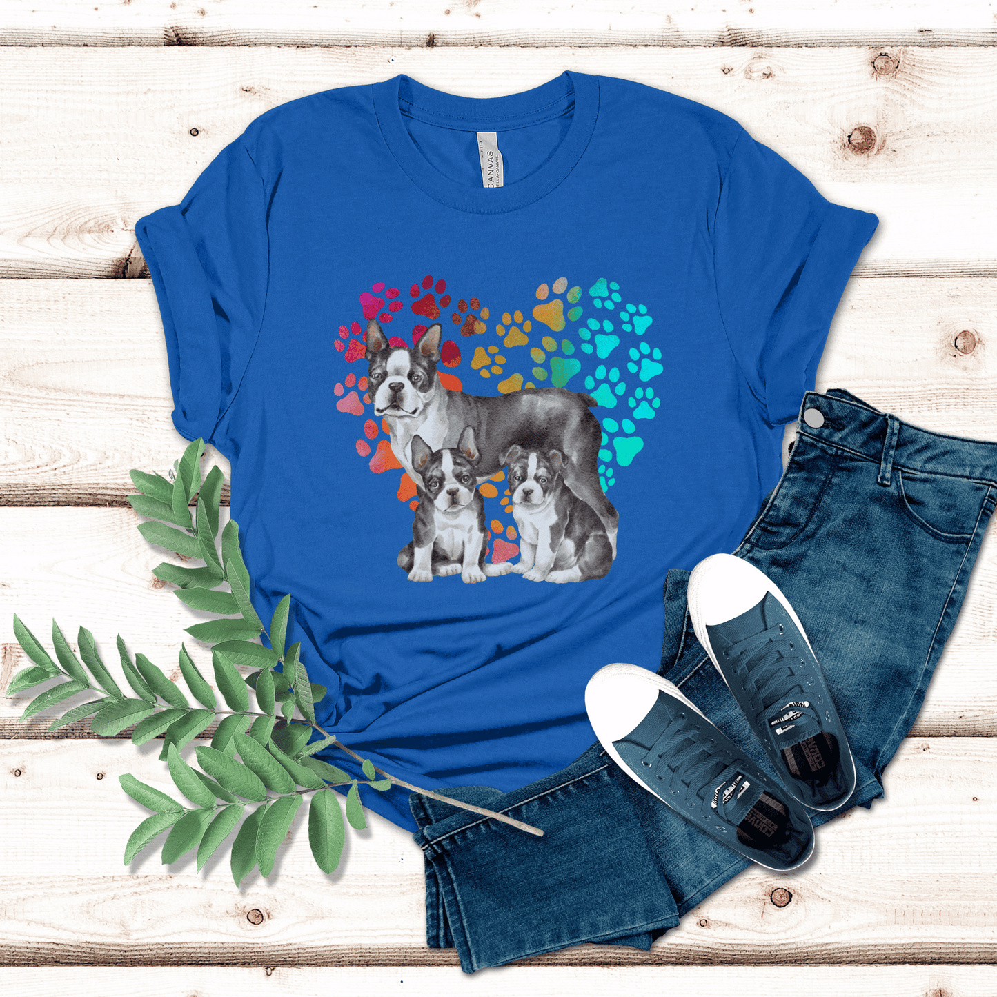 This Boston Terrier t-shirt features a paw print heart in the background, making it a unique and thoughtful gift for dog lovers, pet owners, and Boston Terrier moms. The shirt is perfect for anyone who wants to show off their love for their furry friend.