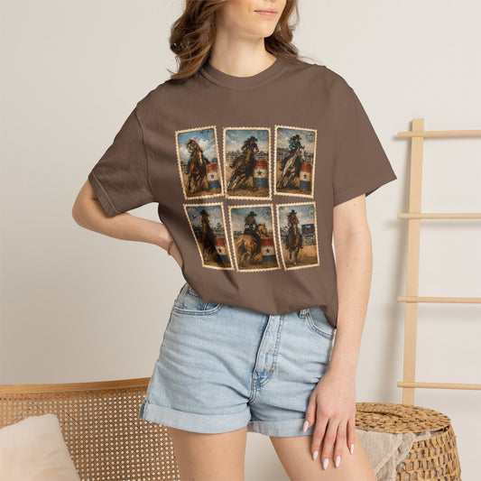 "NEW" Vintage Cowgirl Barrel Racer Collage T-Shirt | Western Rodeo Stamp Art